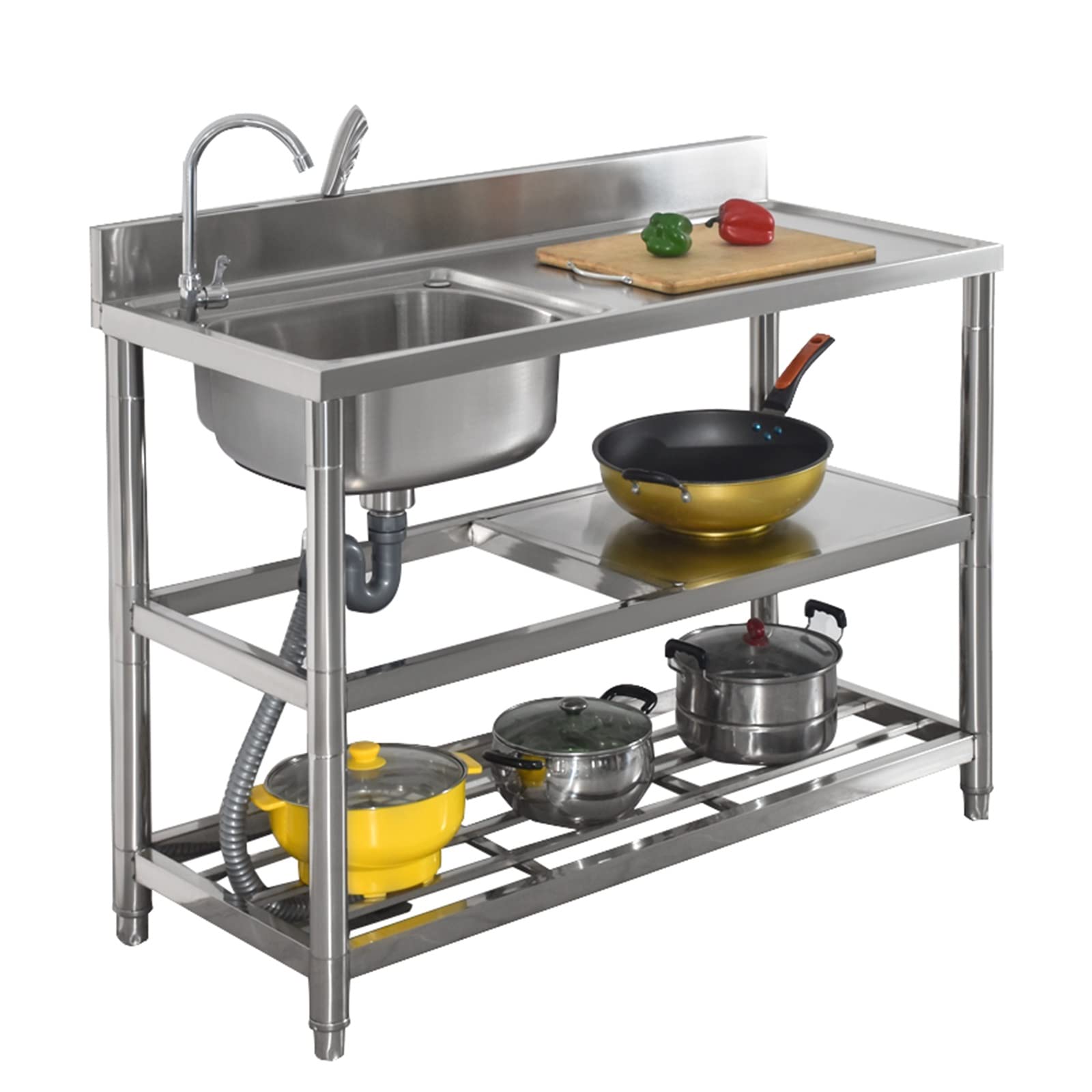ZQFHSX Utility Sink Single Bowl Stainless Steel Commercial Kitchen Washing Hand Basin Station with Faucet and Drainboard for Laundry Backyard Garage Camping Portable Handwashing Stat