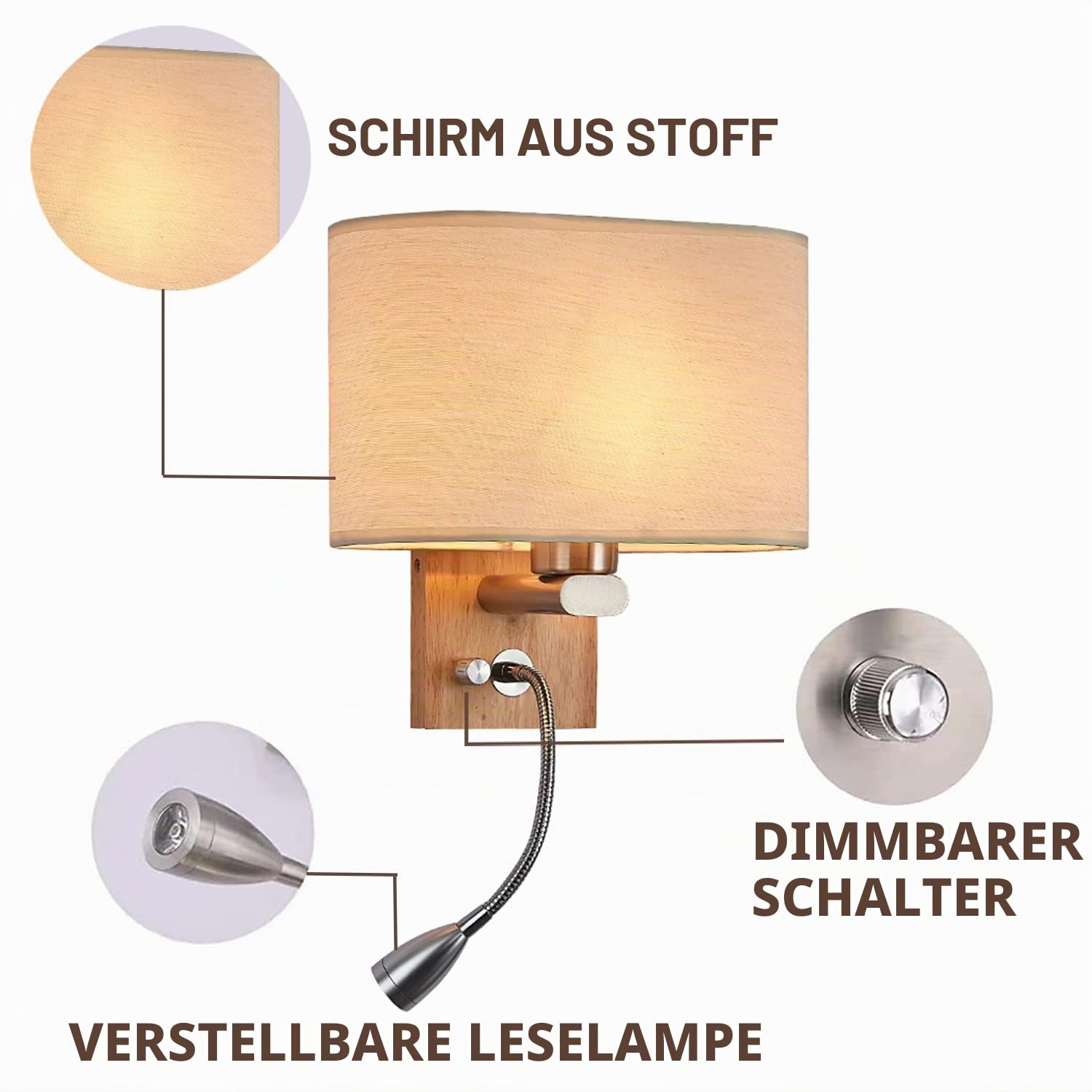 KZT Moderne LED Nachttisch Wandlampe mit Schalter 3 Farben Einstellbar Holz Wandleuchte Innen mit Leselampe E27 Stoffschirm Innenbeleuchtung für Schlafzimmer Wohnzimmer Kinder Hotel Büro Flurlampe