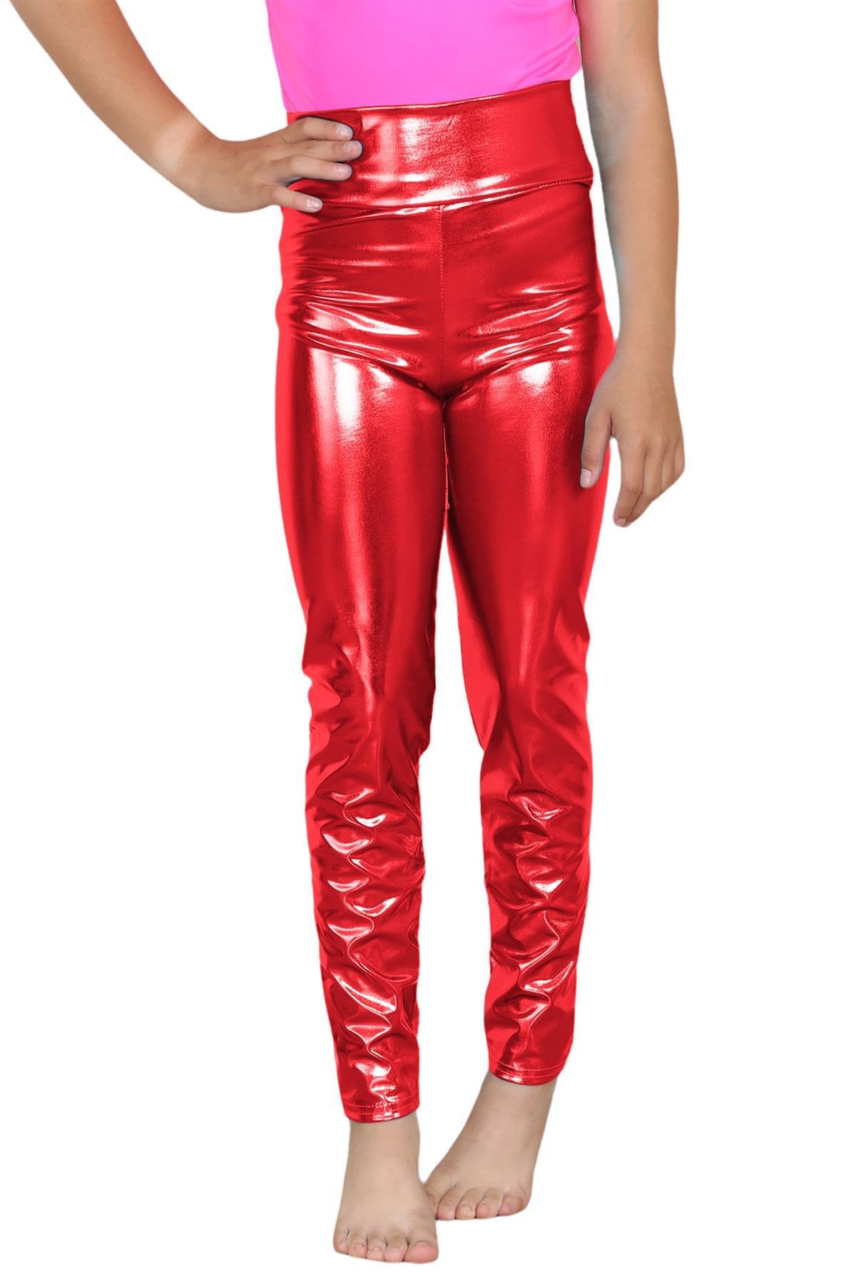 Hamishkane Girls Red Metallic High Waist Leggings Kids Plain Wet Look Shiny Sports Dance Party Pants