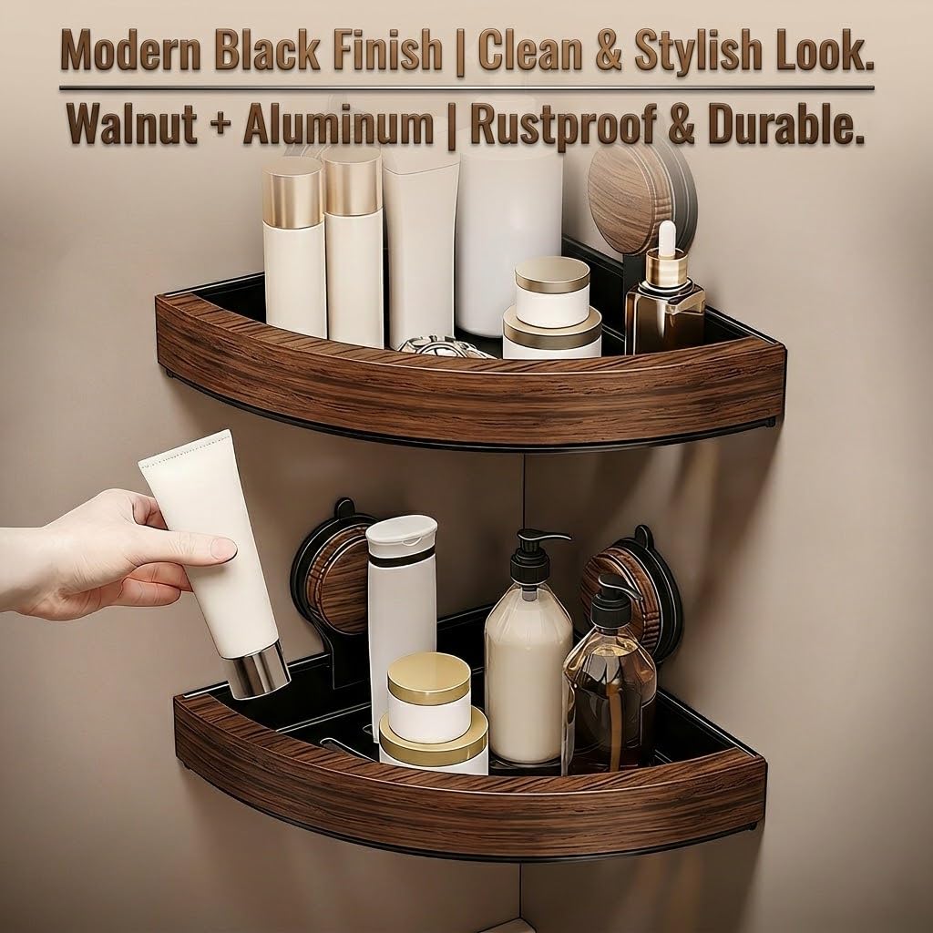 Schwarzes dreieckiges Duschregal ohne Bohren, Saugnapf, Eckregal, rostfreies Walnussholz, Wandmontage, Badnizer, einlagiger Shampoo-Halter für Badezimmer