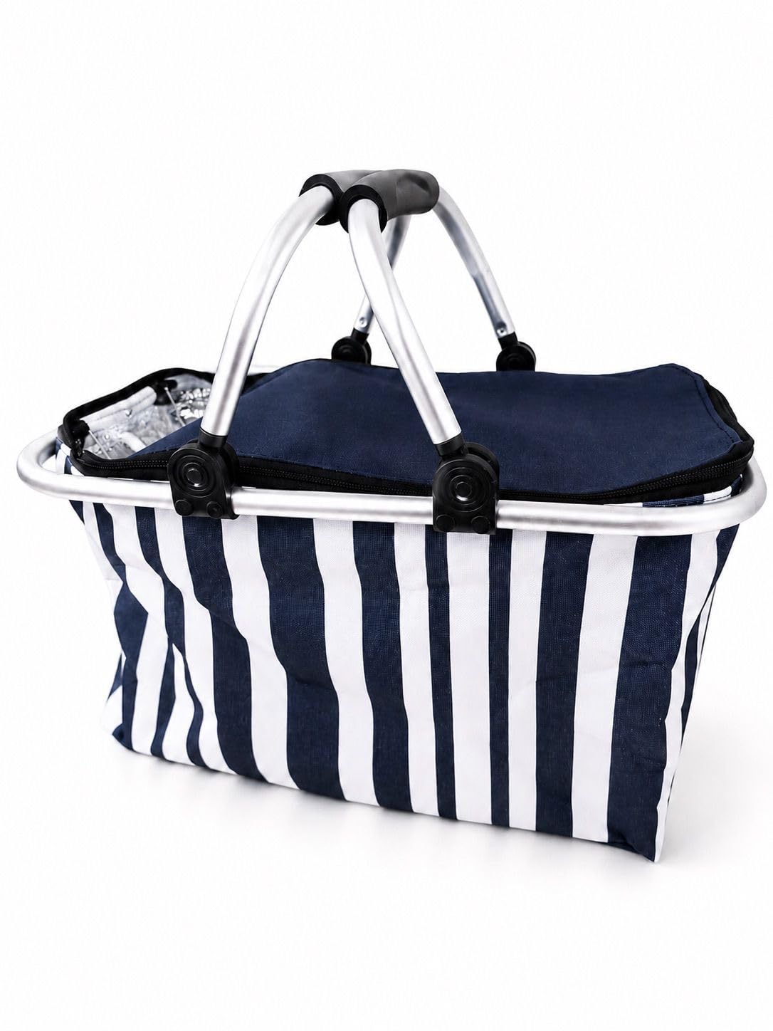 Perfect Days Cooler Picnic Bag, Navy Blue Striped, Insulated, with Aluminium Handles, for Picnics, Beaches and Family Gatherings