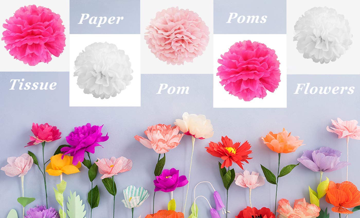 AMFIN® 9 Pcs. 10" Tissue Paper Pom Pom Flower Balls for Birthday Wedding Party Anniversary Welcome Baby Shower Decorations - Dark Pink, Light Pink & White 4