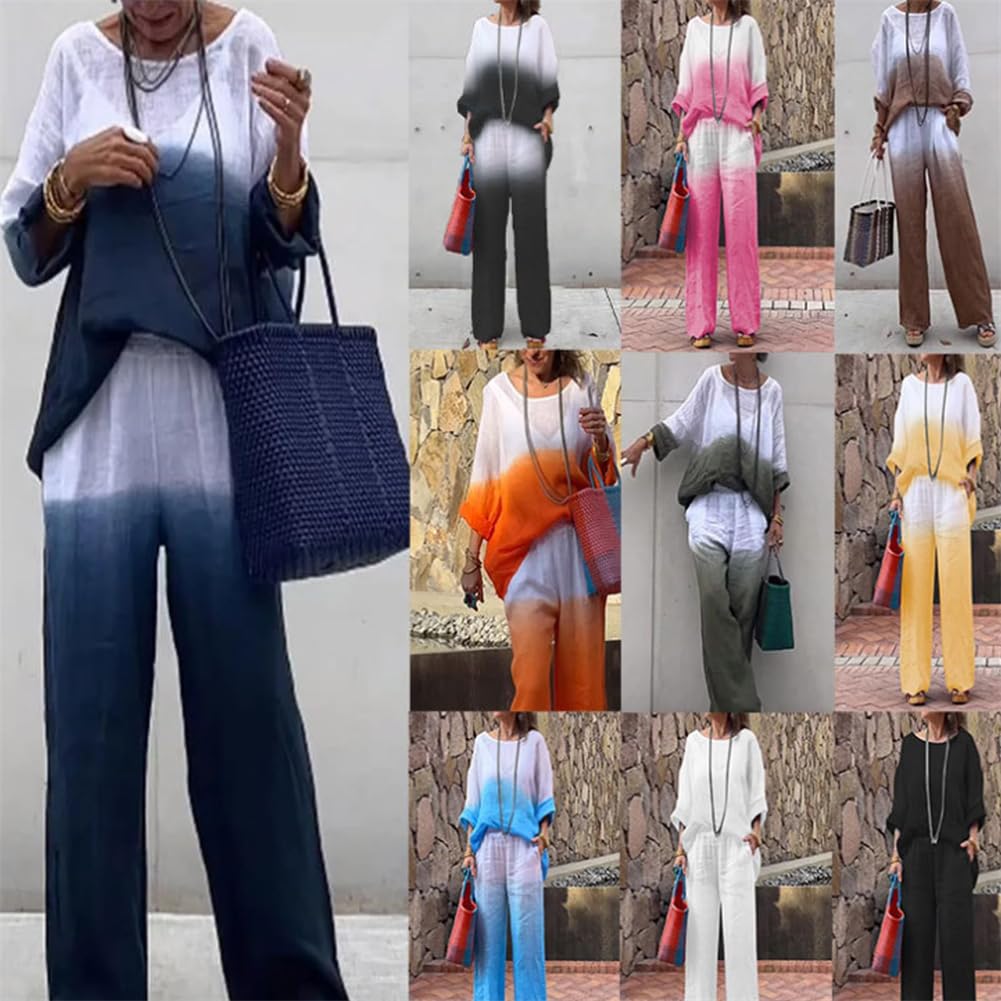 Set da donna casual e confortevole sfumato due pezzi Abiti estivi in lino per le donne Gamba larga Set di pantaloni a palazzo