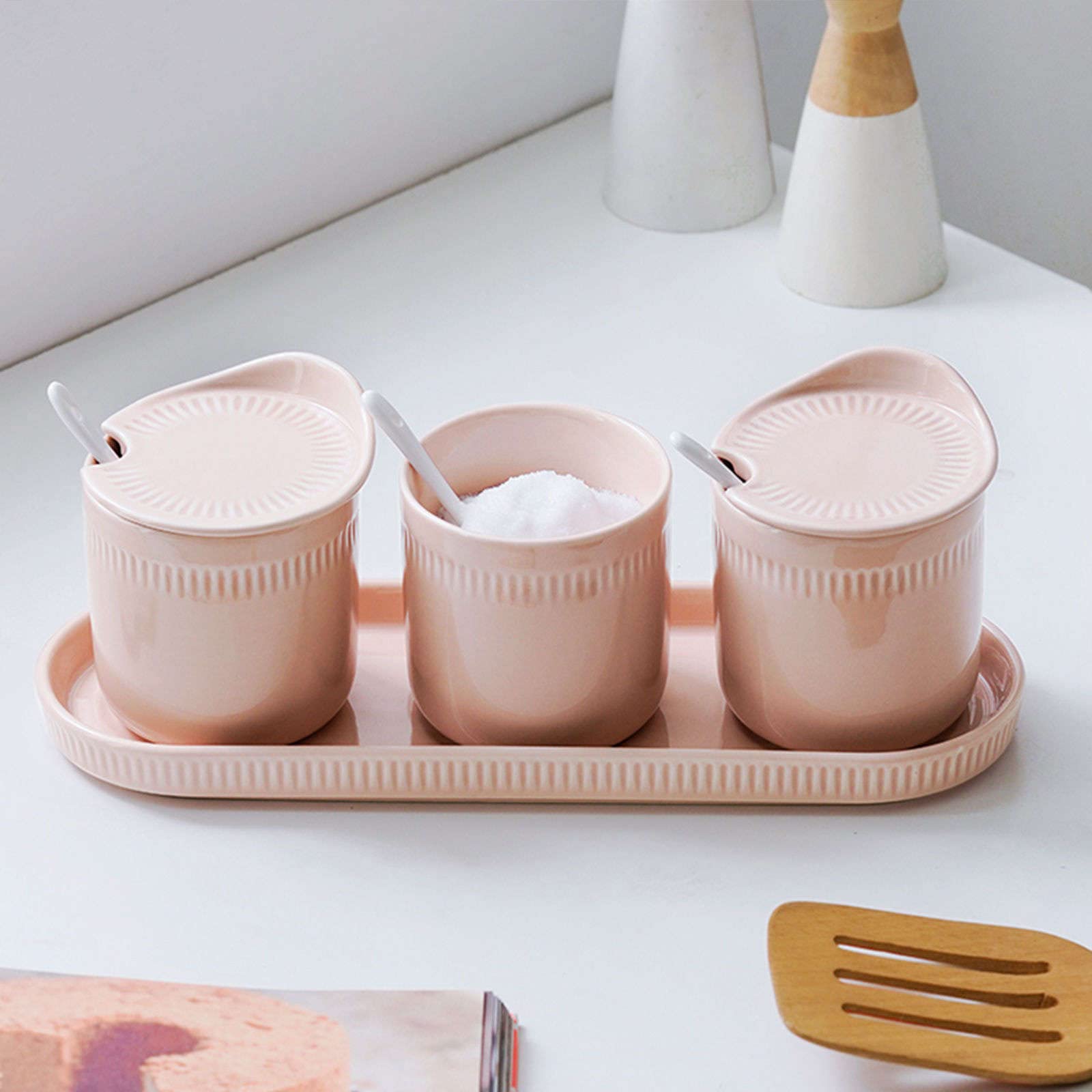 Tarro de especias de porcelana, azucarero, azucarero con tapa, bote de condimento for salero de azúcar, tarro de almacenamiento de azúcar, azucarero, recipiente de azúcar, tarro de especias-rosa-300ML