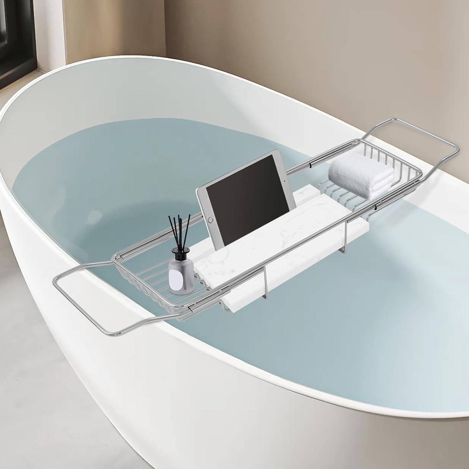 Bandeja de bañera de Acero Inoxidable y mármol | Bandeja de bañera extensible de acero inoxidable y mármol, capacidad de 20 kg (44 lbs), ideal para spa y baño.(Silver+white)