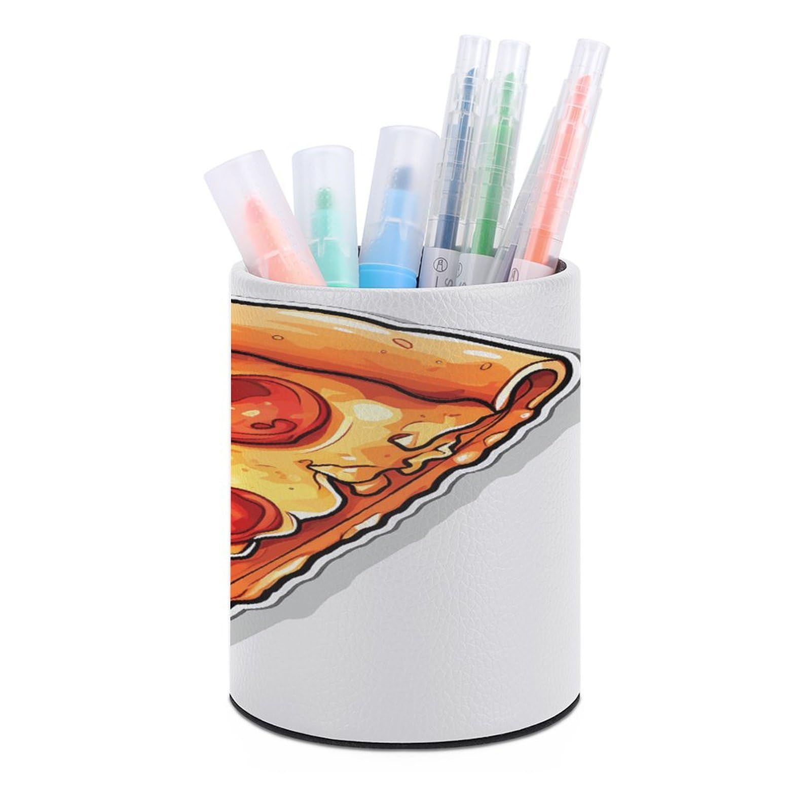 FekiLoot PU Leather Round Pen Holder Cartoon Pizza Pencil Holder Desk Organizer Pen Organizer Pen Cup Pencil Cup Caddy Desktop Stationery Organizers for Office Home Supplies