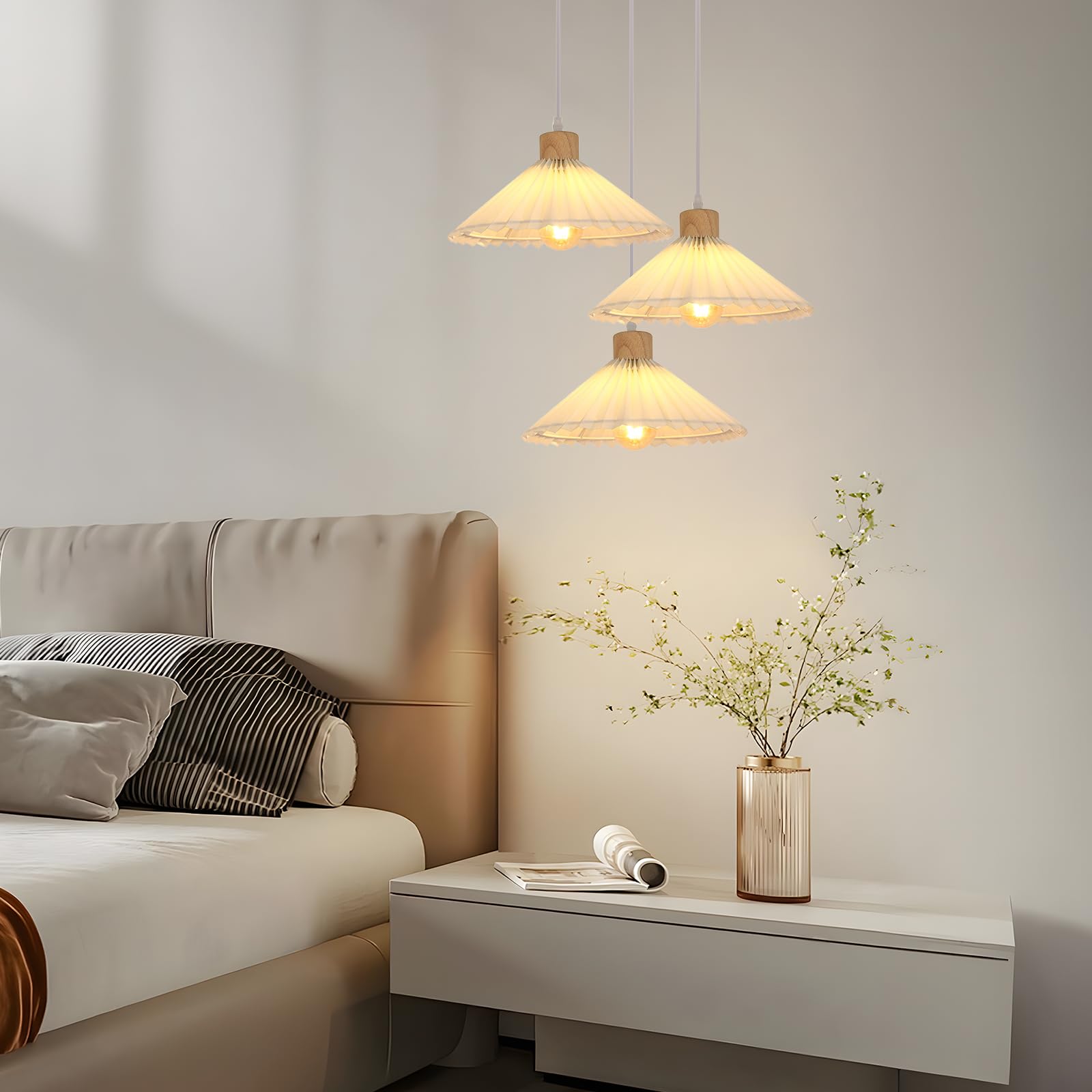 Goeco Lampada a Sospensione 3 Luci, Vintage Lampadario in Legno, Lampada a Sospensione con Paralume in Tessuto per Cucina, Soggiorno e Tavolo da Pranzo