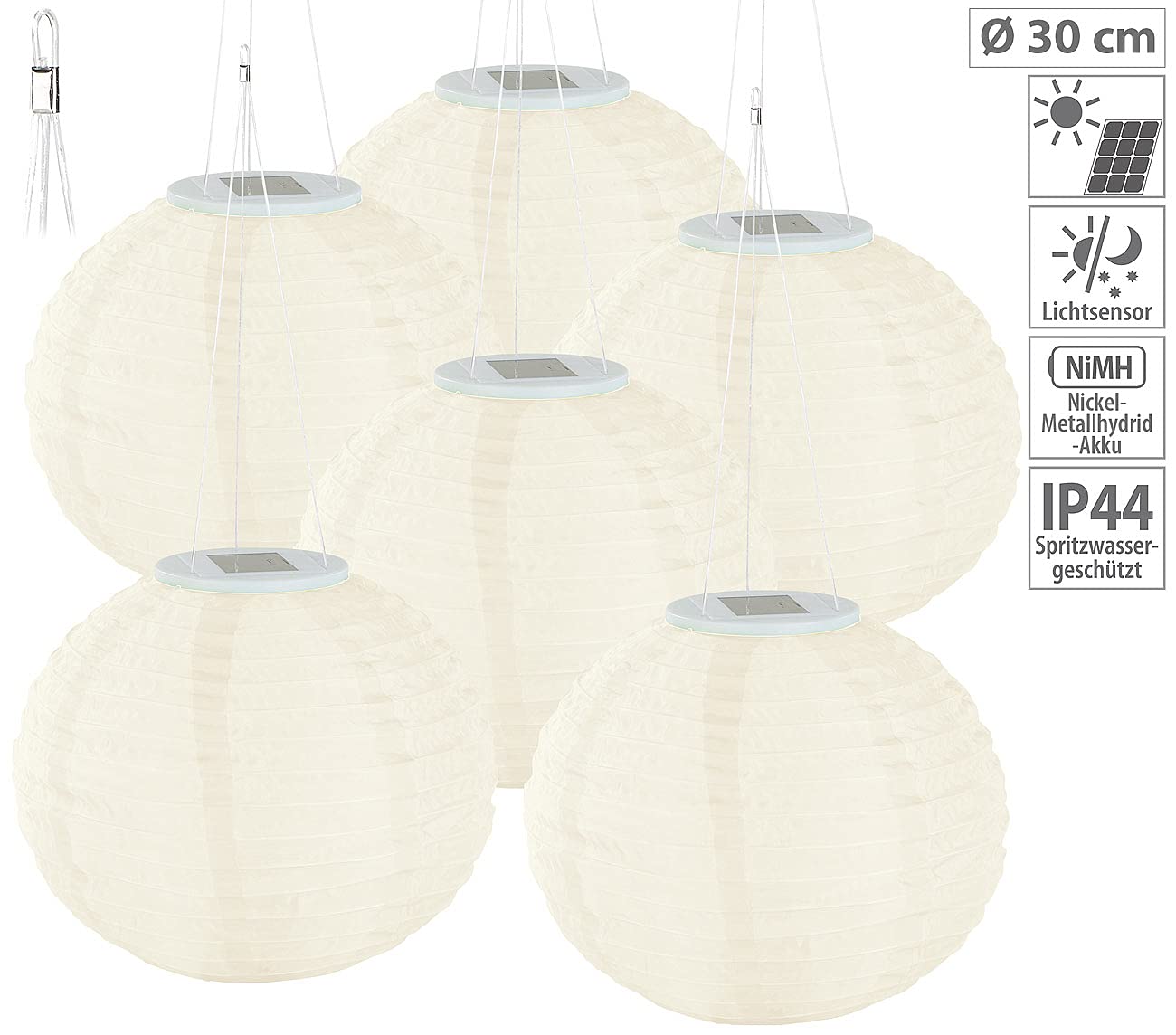 Lunartec Solar Lampions warmweiss: 12er-Set Solar-LED-Lampions, LEDs, Dämmerungs-Sensor, IP44, Ø 30 cm (Garten, Lampignon, Ball)