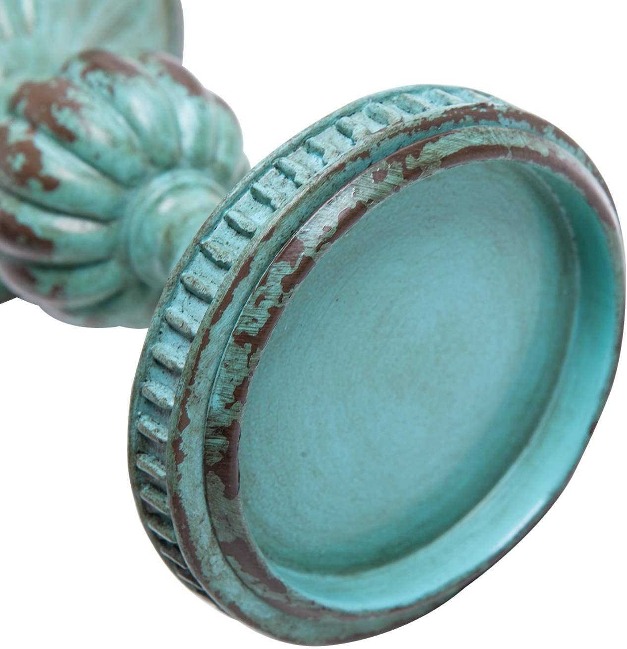 SOFFEE DESIGN Set of 2 Antique Resin Pillar Candle Holder Sets, Vintage Cylindrical Candlestick Stand Home Decor for Dining, Living Room, Mantel, Table Centerpiece, Retro Blue Candleholder Decor