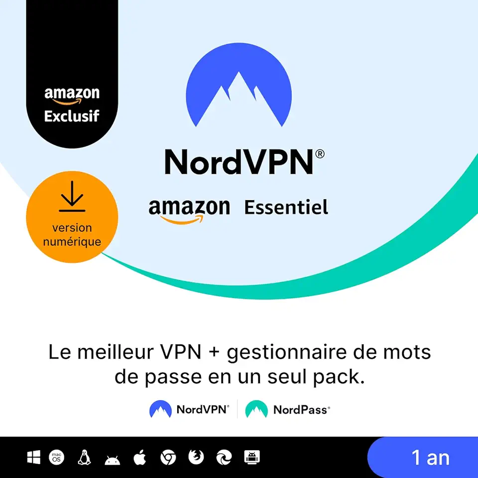 NordVPN Amazon Essentiel, 10 Appareils, 1 An, VPN et Gestionnaire de Mots de Passe, Code Numérique