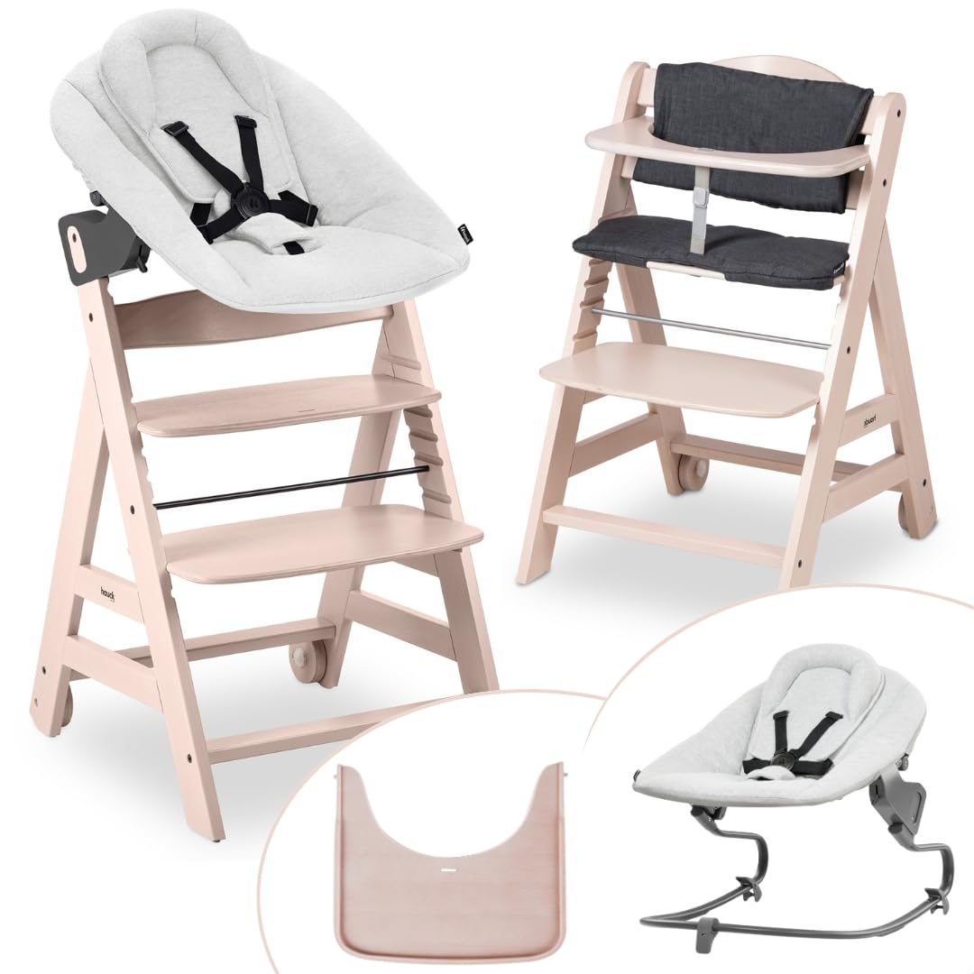 hauck Hochstuhl Beta+ Newborn Set Premium Light Grey - Babyhochstuhl Set ab Geburt mit Neugeborenen Aufsatz Bouncer, Sitzpolster und Essbrett - Whitewashed