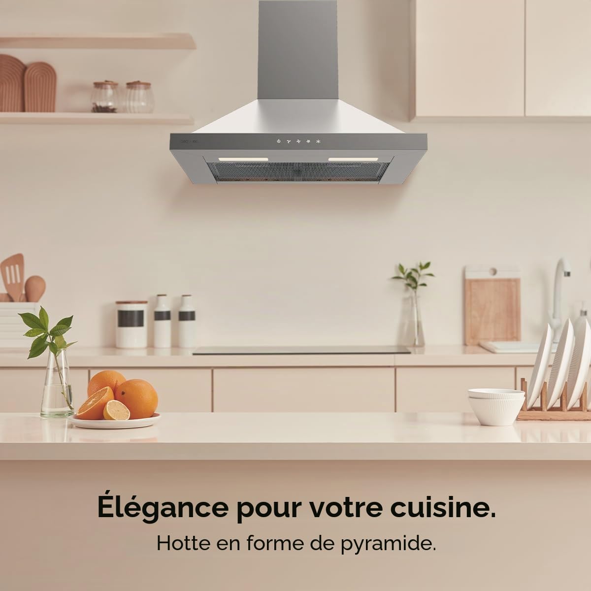 Cecotec Hotte Aspirante 60cm Pyramidale Bolero Flux PT 604000 Inox A+++. Aspiration 427,6m³/h, 3 Vitesses, SS Touch Control, Finition Inox, Basse Consommation, Moteur DC, Éclairage LED, Filtres Inclus