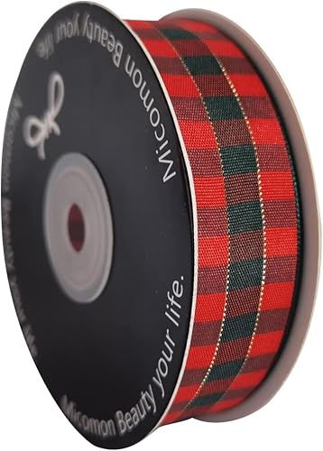 Miniatura 2 de Micomon X'Mas - Cinta de tela a cuadros metálica verde y roja, 25 yardas cada rollo, 100% poliéster (1 pulgada, rojo verde dorado)