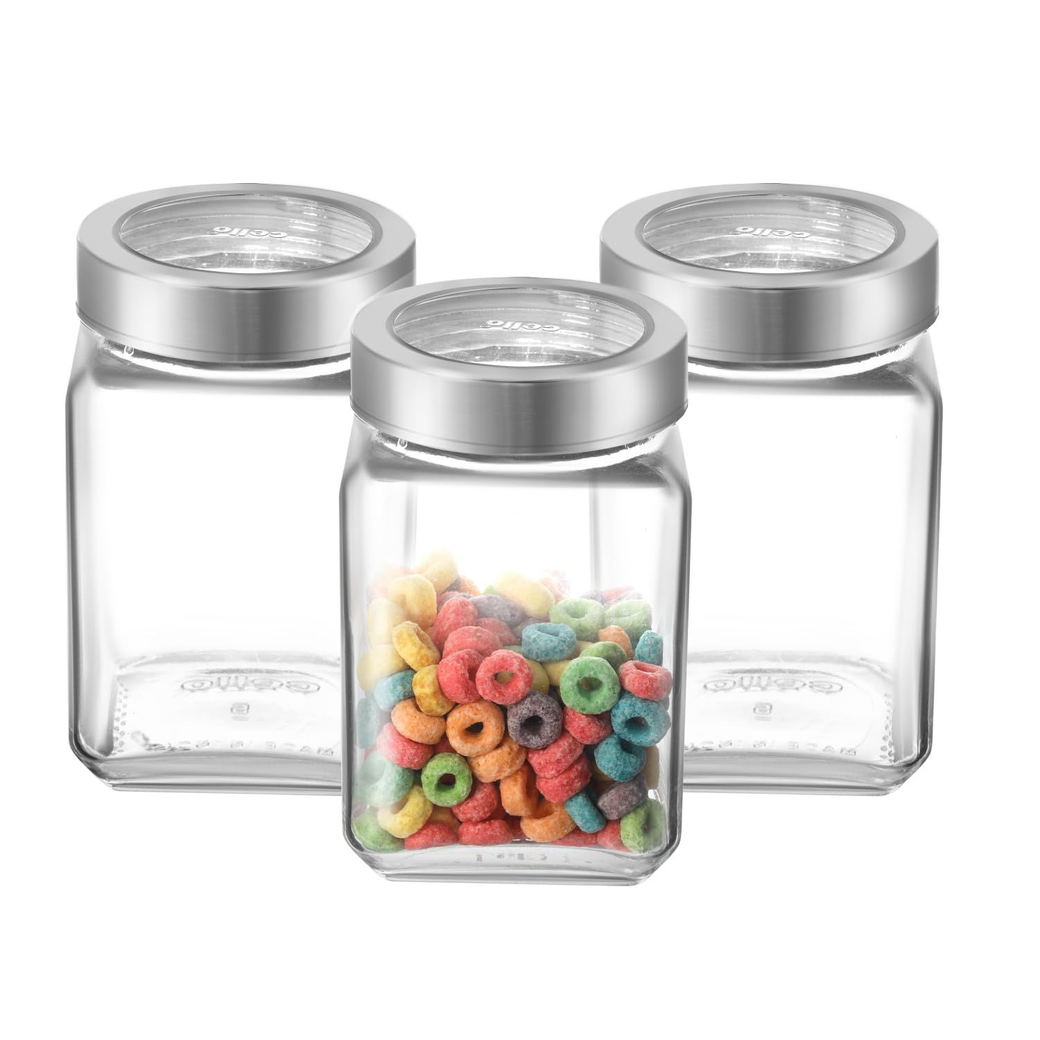 CELLO Qube Fresh Glass Storage Jar for Kitchen Set of 3 Pcs, 800 ml Transparent | Fridge Safe Airtight Leadfree Toughened Glass Kitchen Storage Containers Set For Beans, Whole Grains Spices Dry Fruits