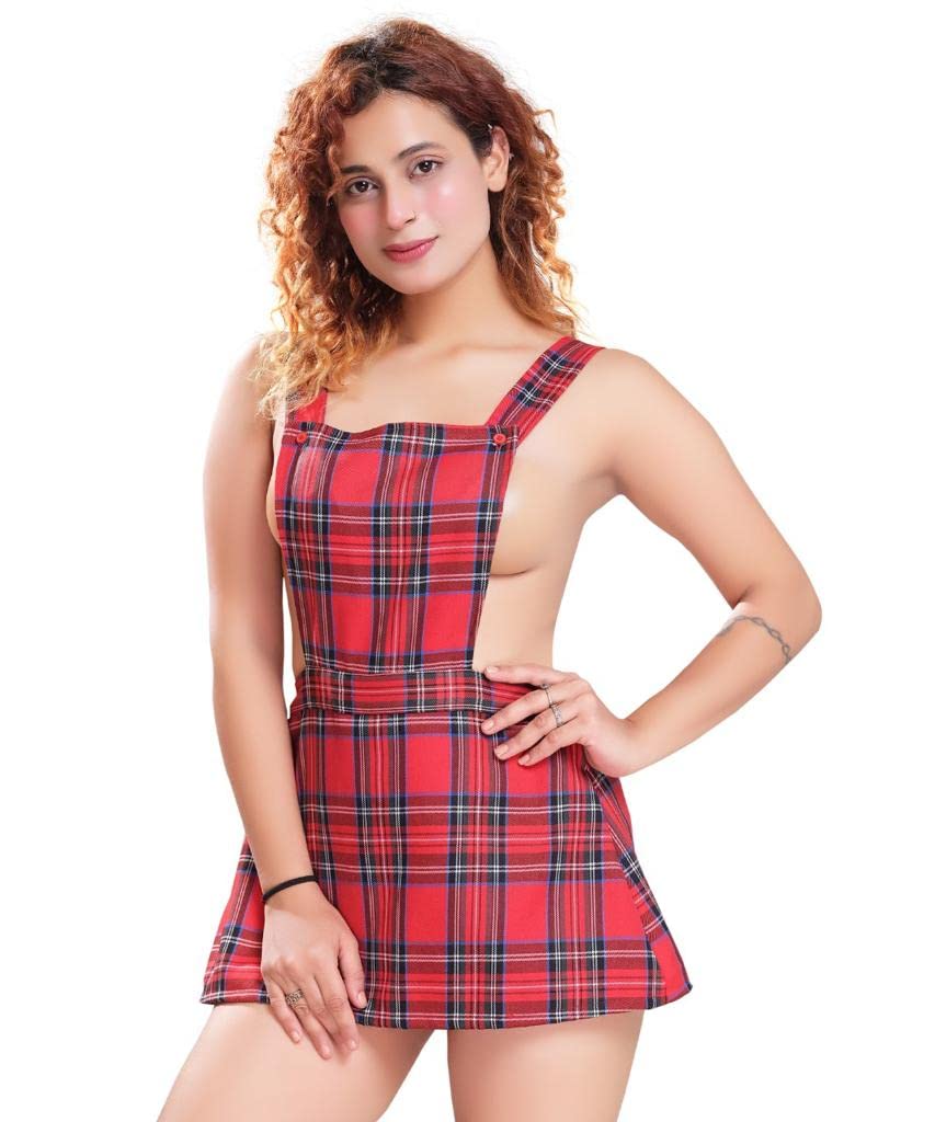 Women's Red Tartan Pinny Dress Checks Plaid Adjustable Strap Pinafore Corduroy Micro Mini Christmas Costume (X-Large)