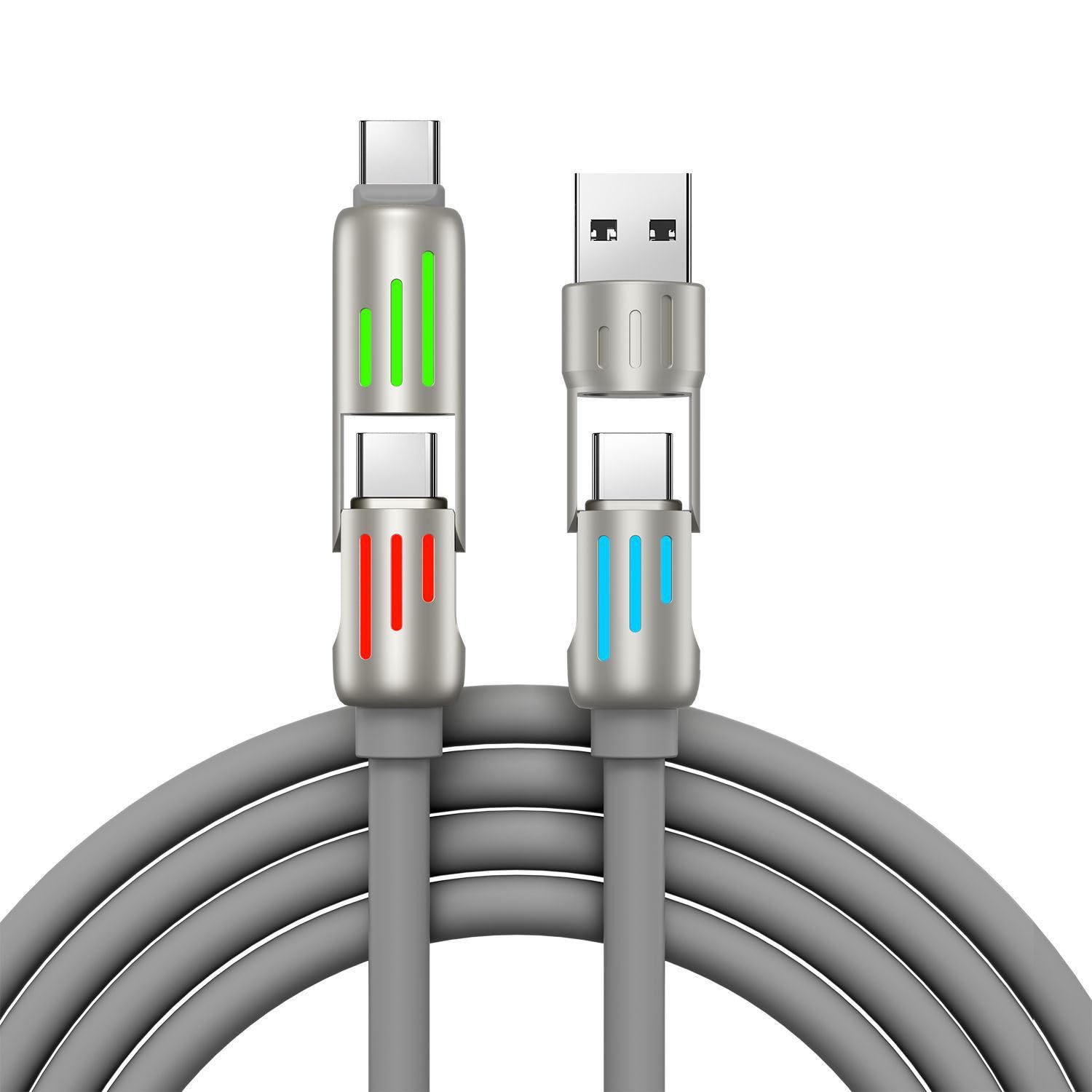 4 in 1 Fast Charging Cable, Silicone, with Colored LED Lights, 240W 6A Mobile Charging Cable Type C PD 27W (Gray, 6.28 FT.)