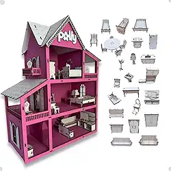 Casinha De Boneca Grande 60cm De Madeira mdf + Kit Mini Moveis 30 peças