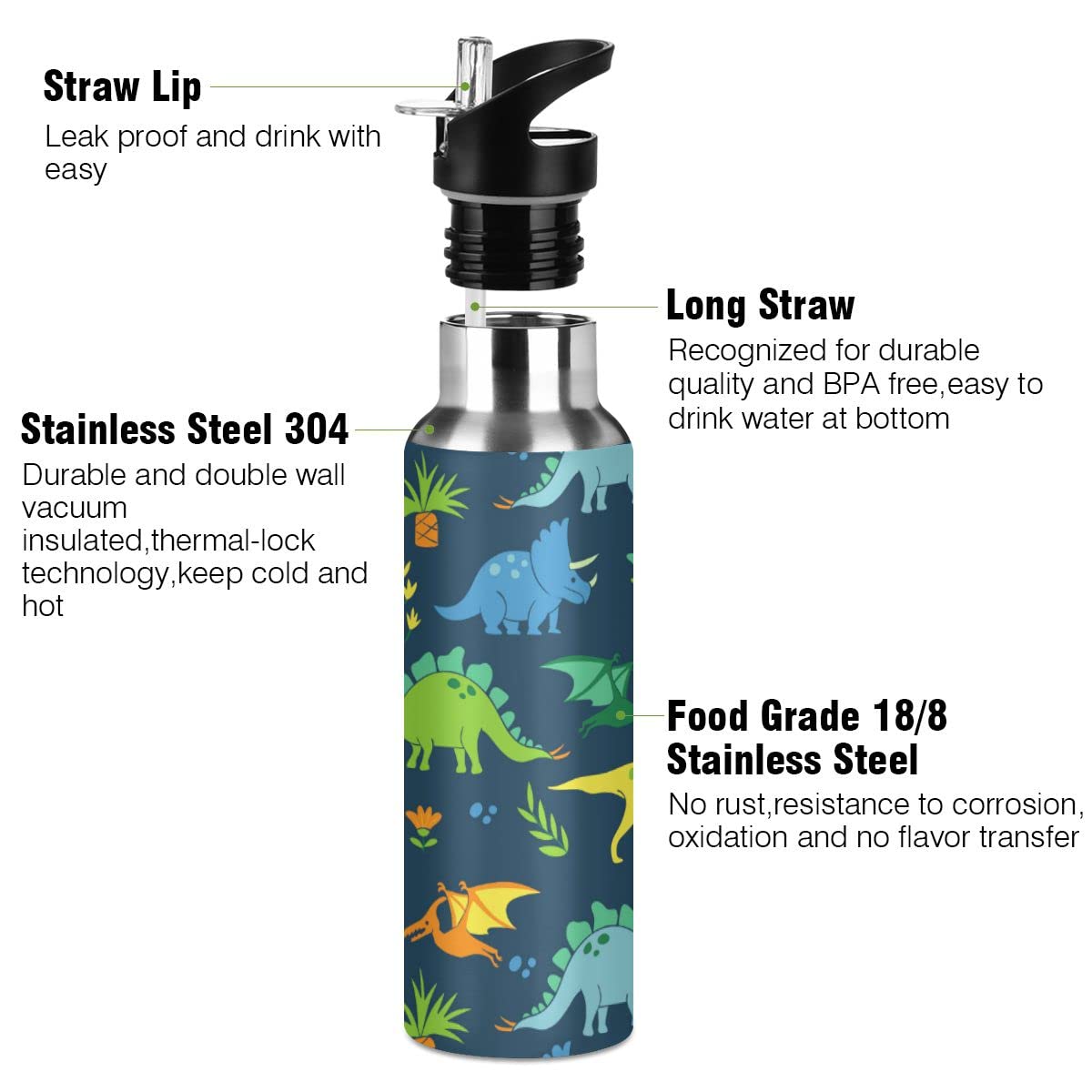 Edelstahl Wasserflasche mit Strohhalm, Dinosaurier isolierte Trinkflasche Sport Wasserflasche für Kinder Erwachsene, auslaufsicher, 1L