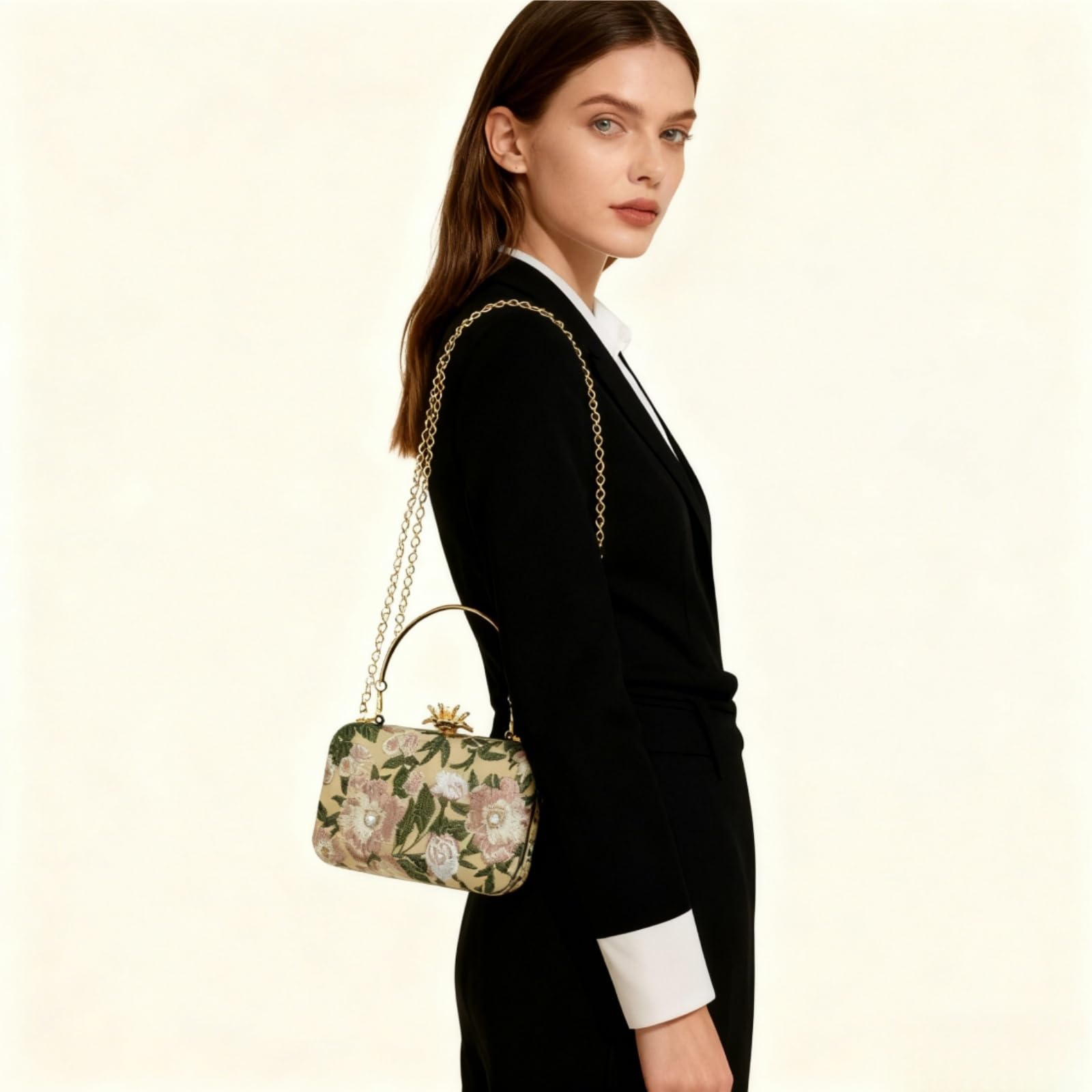 Bolso de Noche para Mujer, Bolso de Mano con Bordado Floral, Perla Clutch de Cóctel con Cadena, Bolso de Hombro Jacquard para Boda, Fiesta