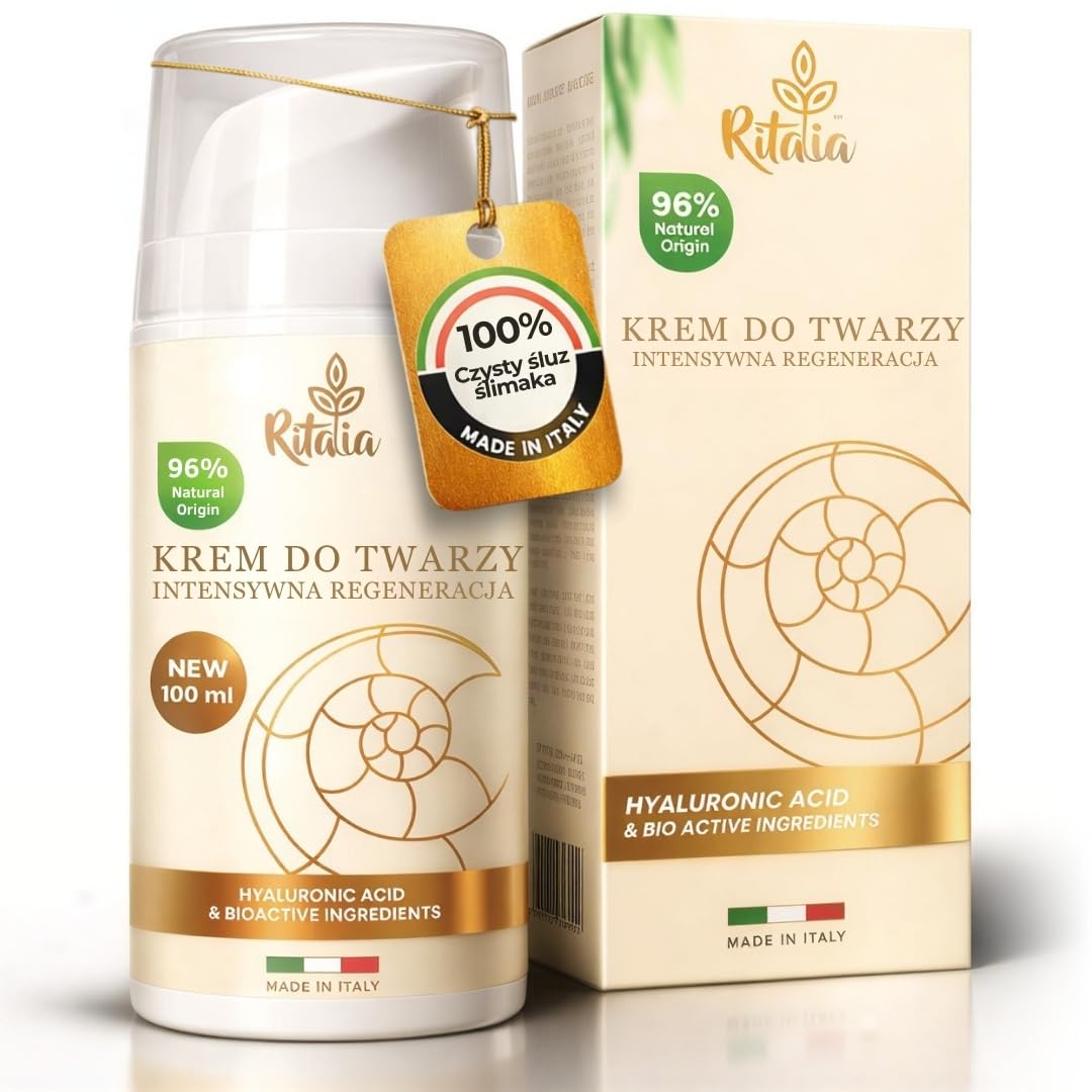 Krem do twarzy 100 ml z 75% śluzu ślimaka i czystym kwasem hialuronowym marki Ritalia, dla kobiet i mężczyzn – składniki BIO, działanie przeciwzmarszczkowe i nawilżające