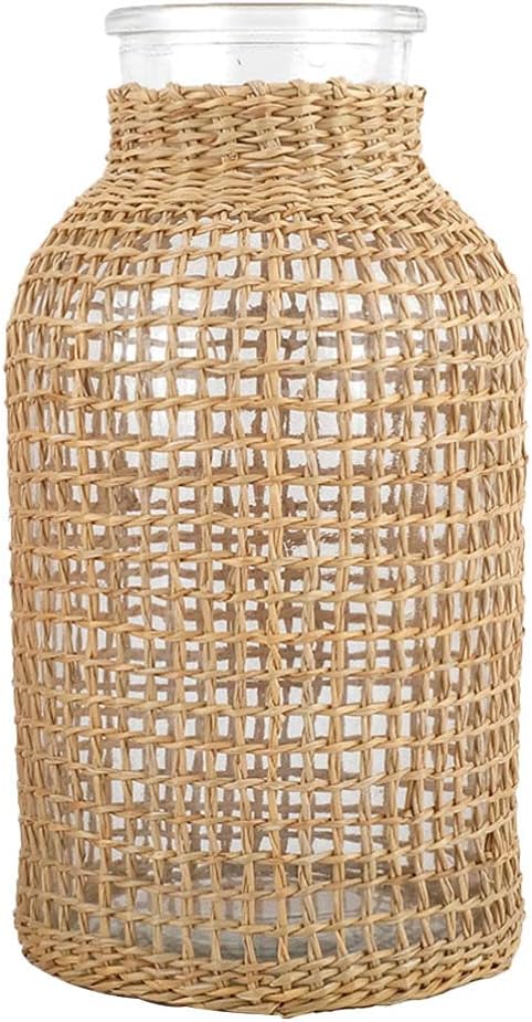 VORCOOL Rattan Woven Vase Rustic Country Style Flower Basket Glass Pot Seagrass Woven Floor Standing Vase for Home Flower Arrangement Table Centerpiece