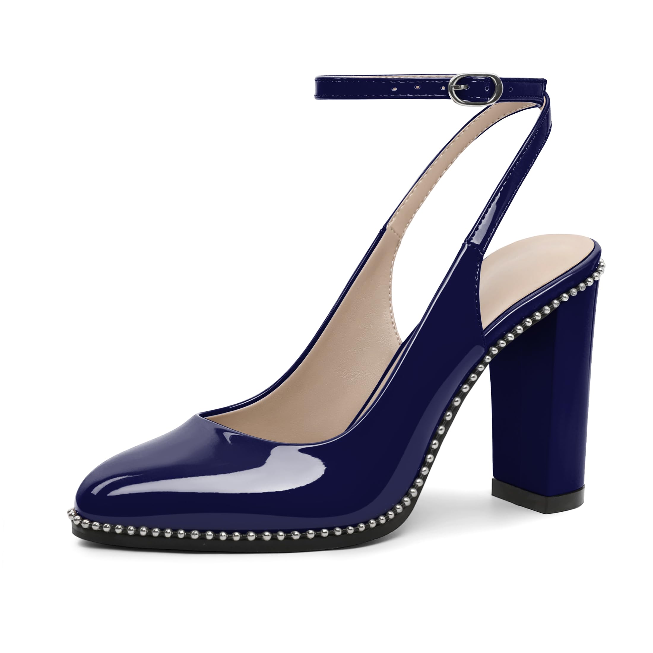 Women's Slingback Heels Closed Toe Chunky High Heels for Women Ankle Strap Patent Leather Round Toe Chunky Block Summer Beaded Pumps Dress Shoes Party 3.5 Inches US Size 5-13-image-42