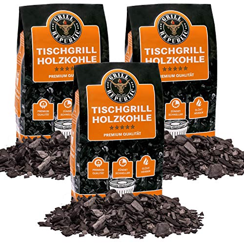 Tischgrill-Kohle 3x 2,5kg / 100% reine Buchenholzkohle für rauchfreie Tischgrills wie den Lotusgrill