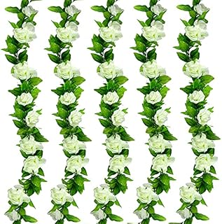 ADORAMOUR Artificial Flower Garland Aesthetic Room Decoration 5-Packs Fake Roses Faux Hanging Floral Vines Decor for Indoor and Outdoor, Wedding Arch/Birthday Party-White