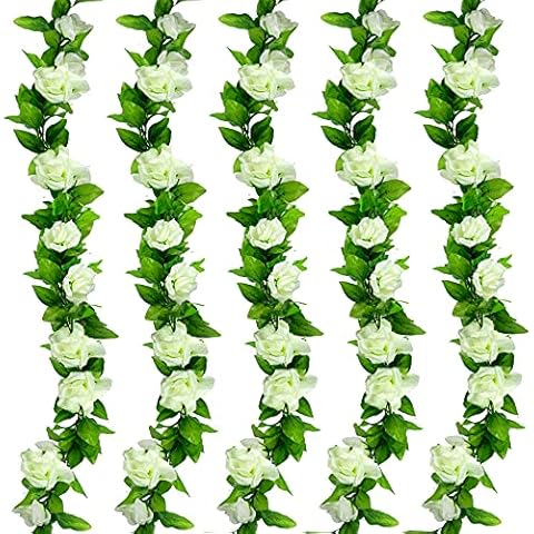 ADORAMOUR Artificial Flower Garland Aesthetic Room Decoration 5-Packs Fake Roses Faux Hanging Floral Vines Decor for Indoor and Outdoor, Wedding Arch/Birthday Party-White Cover