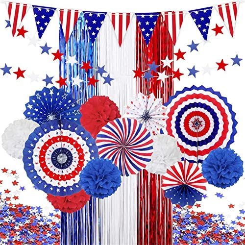 Qserd Abanicos de Papel de la Bandera Americana | Decoraciones para Fiestas de campaña política,Conjunto de Ventilador de Papel patriótico Rojo Blanco Azul Bandera Estadounidense para el 4 de Julio Cover