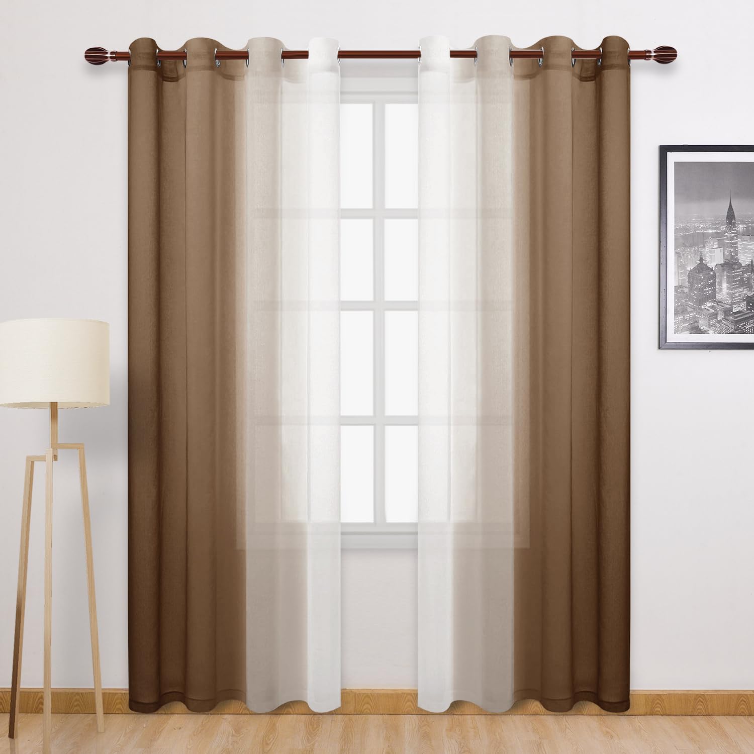 DWCN Ombre Sheer Curtains - 84 inches Faux Linen Semi Voile Gradient Light-Filtering Bedroom and Living Room Curtains, Set of 2 Grommet Top Window Drape Panels, 52 x 84 Inch Length, Warm Brown