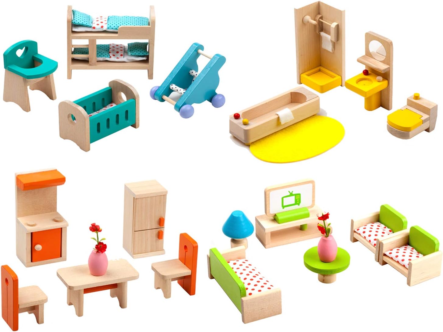 Giraffe 4 Set Colorful Wooden Doll House Furniture, Wood Miniature Bathroom/Living Room/Bedroom/Kitchen House Furniture Dollhouse Doll Decoration Accessories Pretend Play Kids Toy