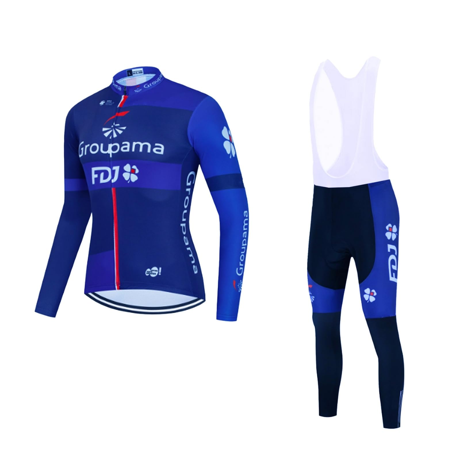 2025 pro Équipe Groupama FDJ Printemps Manches longues Ensemble de maillots de cyclisme,Veste cycliste respirante à écran solaire fin pour hommes Vêtements vélo Collants à bretelles (2XL)