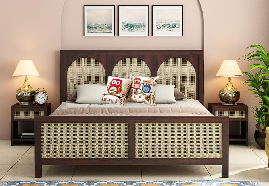 Image of Solid Sheesham Wood Poster King Size Poster Honeymoon Bed Without Storage with Designer Piller and Cane Crafting
