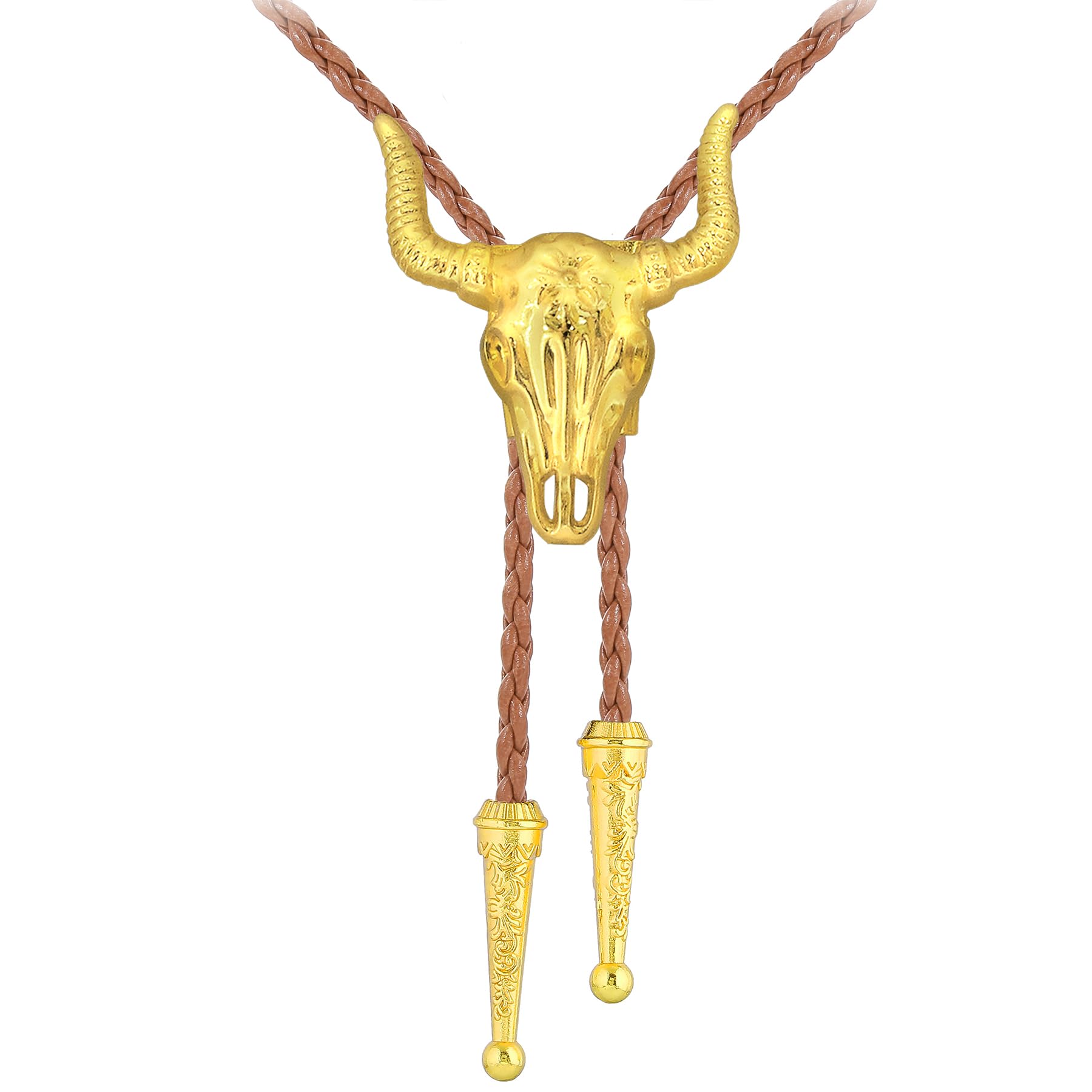 GelConnie Longhorn Bull Bolo Tie for Men Native American Western Cowboy Leather Necktie Bolo Necklace for Women Gold Texas