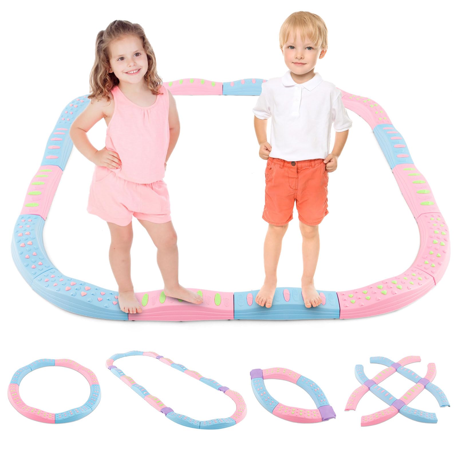 GYMAX Kids Balance Beam, 20 Pcs Toddler Balance Board with Non-slip Surface and Bottom, Outdoor Indoor Colorful Stepping Stones Children Obstacle Course for 3 Years Old+ Boys Girls (Macaron Pink)