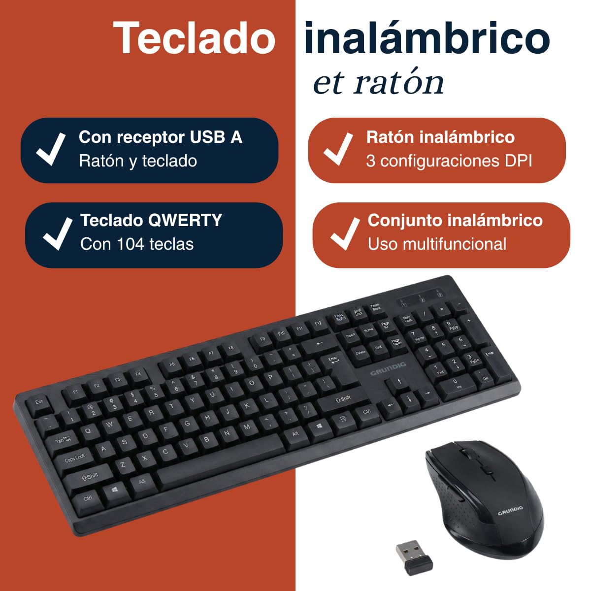 Grundig Teclado y Ratón Inalámbricos - QWERTY con 104 Teclas - Ratón con 3 Niveles dpi - Incl. Receptor USB-A - Negro