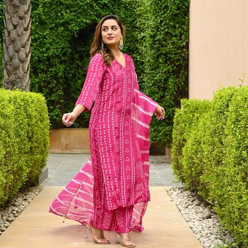 Image of ANNI Designer Women's Rayon Blend Straight Bandhej Printed Kurta with Pant & Dupatta