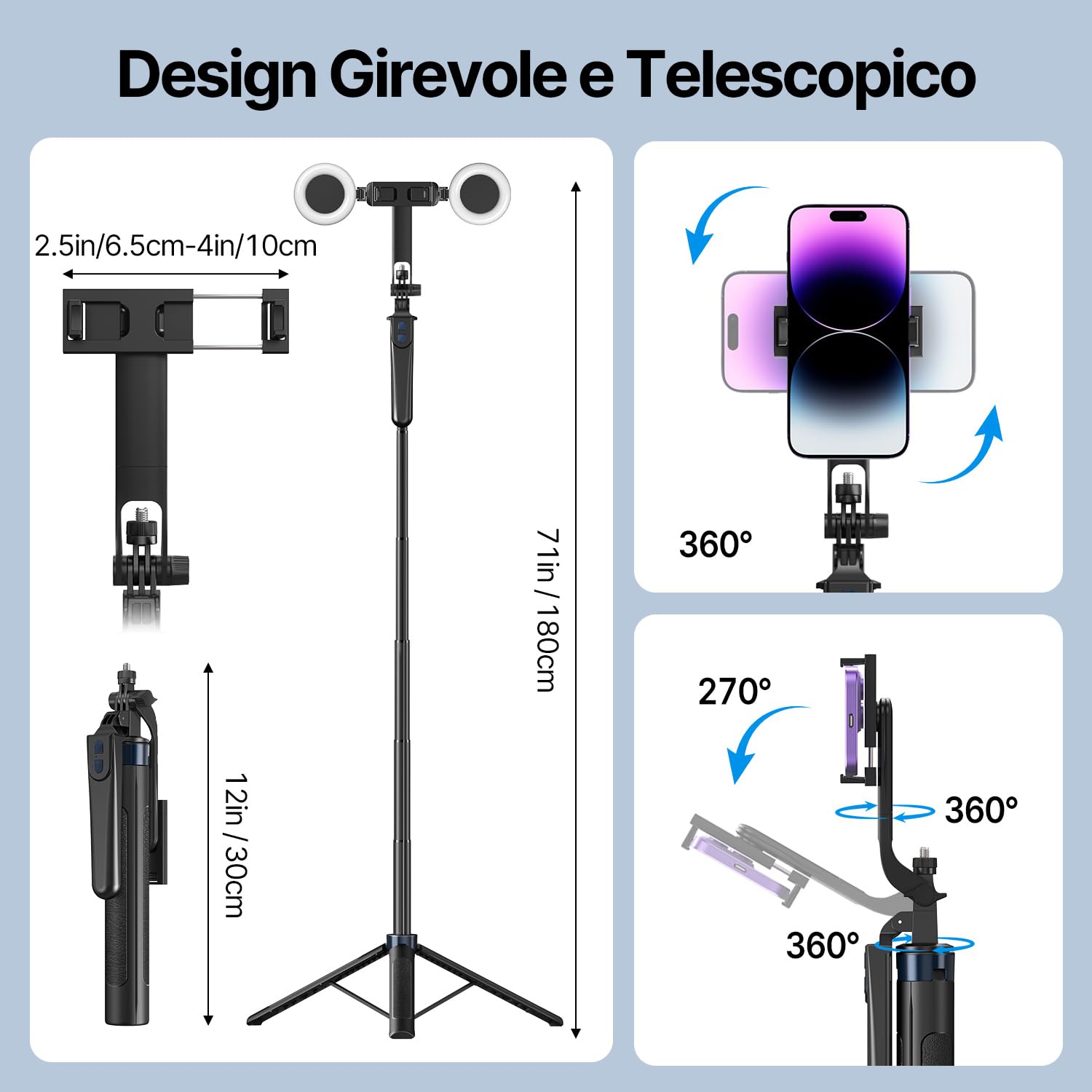 yAyusi 180cm Treppiede Smartphone Selfie Stick Estensibile con Luce, Trepiedi per iPhone con Telecomando, 360° Trepiedi per Telefono con Morsetto per Telefono per Video/Streaming Live/Vlog