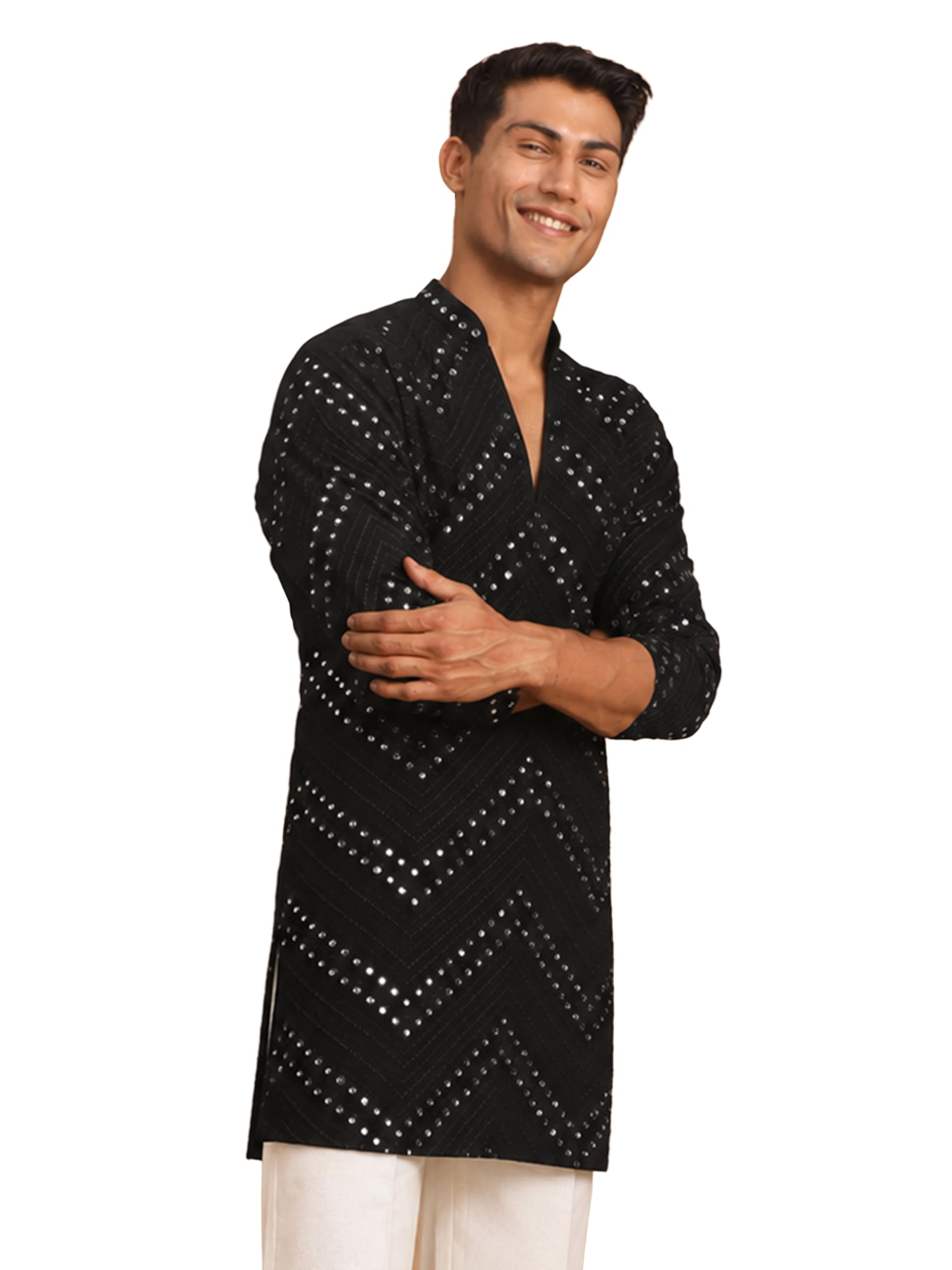 vastramay Men's Georgette Mirror Work Kurta | Thread Embroidery | V-Neck Thigh-Length | Wedding Navratri Diwali Festive Party | Sizes 36–42-picture-26