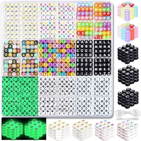 2080pcs 9 Colors Round Letter Beads Acrylic Alphabet Number Beads with 1 Roll 5m Elastic Crystal String Cord for Jewelry Making DIY Necklace Bracelet (7x4mm)