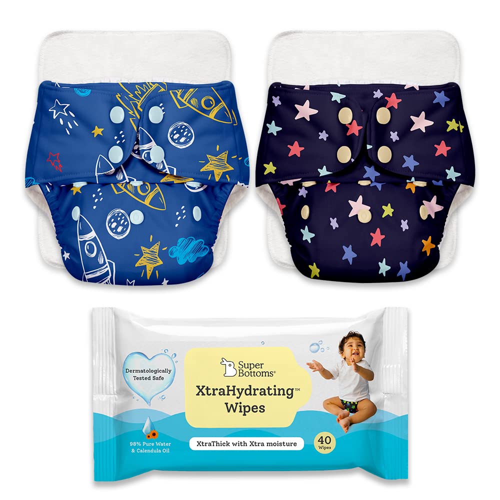 2 BASIC Reusable Cloth Diaper (ASSORTED) | 3m-3Yrs & Pack of 40 XtraHydrating™ Wipes FREE | Unscented Baby Wipes, 3.5x extra moisture | Adjustable Organic Diapers for day time (with 2 quick dry pad)