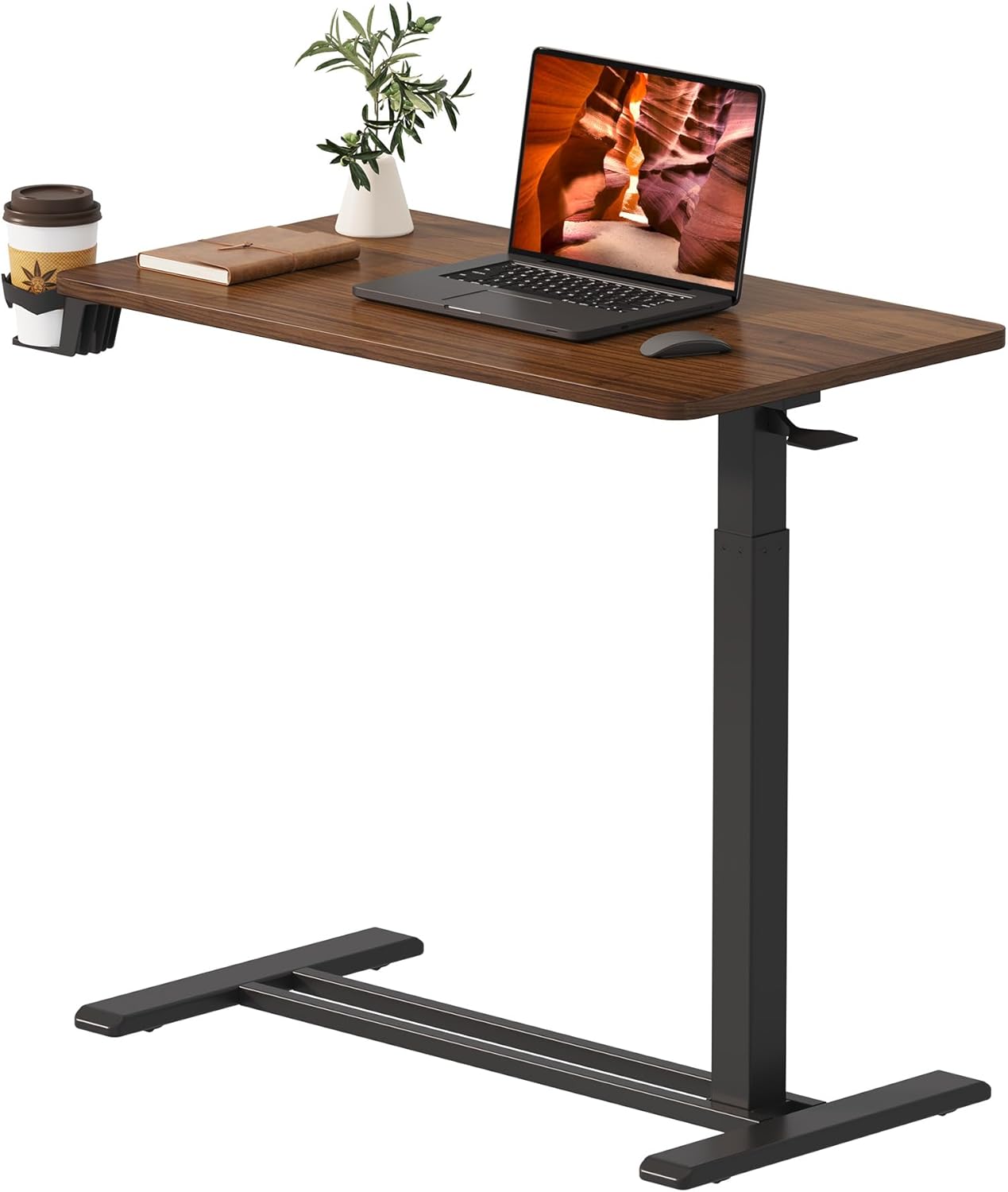 Product image of Medical Overbed Adjustable Bedside Table with Hidden Casters, Pneumatic Mobile Rolling Laptop Standing Desk with Tray for Home and Hospital Use, Mahogany, Large