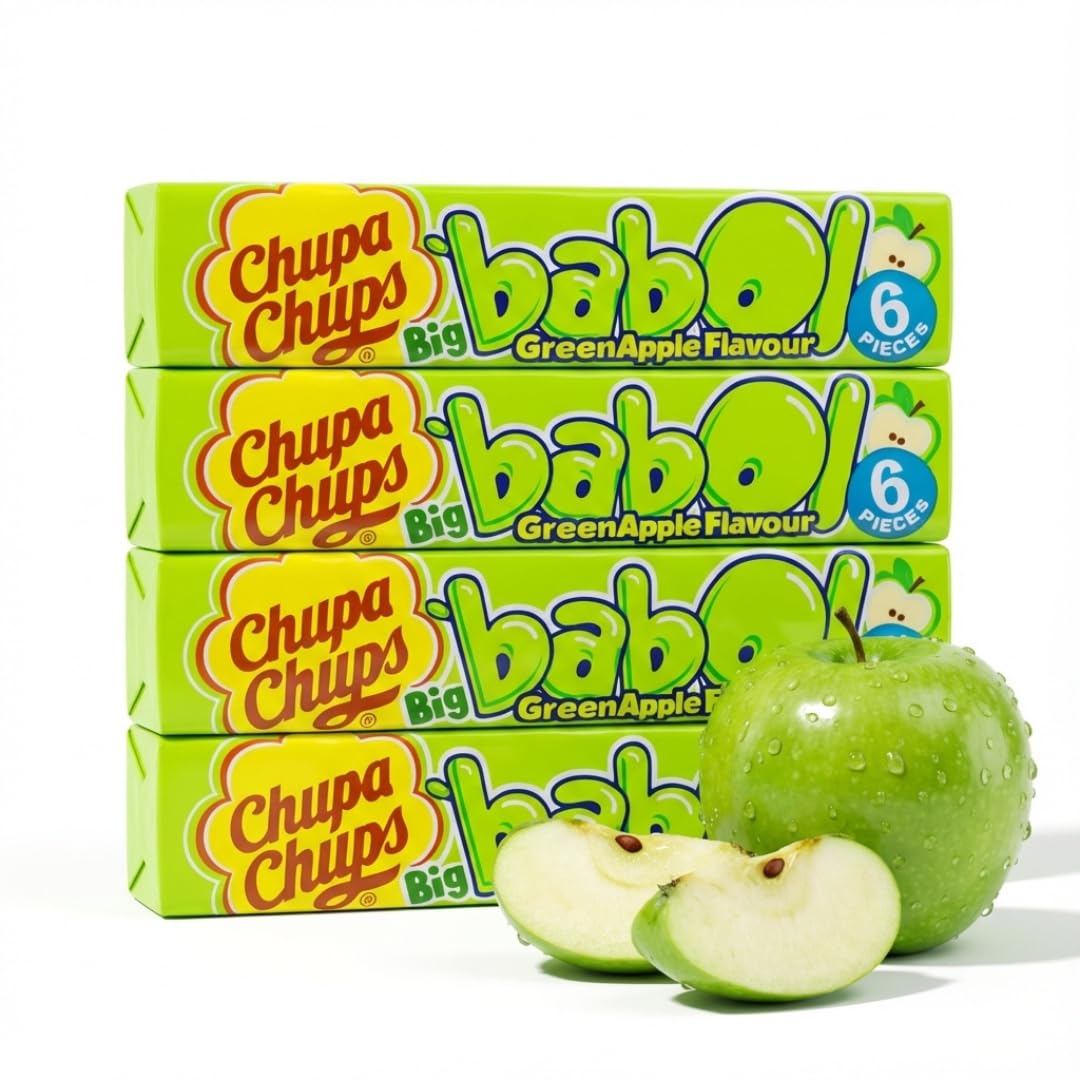 Chupa Chups Green Apple Bubble Gum – Soft Chewy Fruity Gum, Sweet Treats Confectionery, 24 Pieces Multi Pack (4 Packs x 6 Pieces) Individually Wrapped Party Sweets