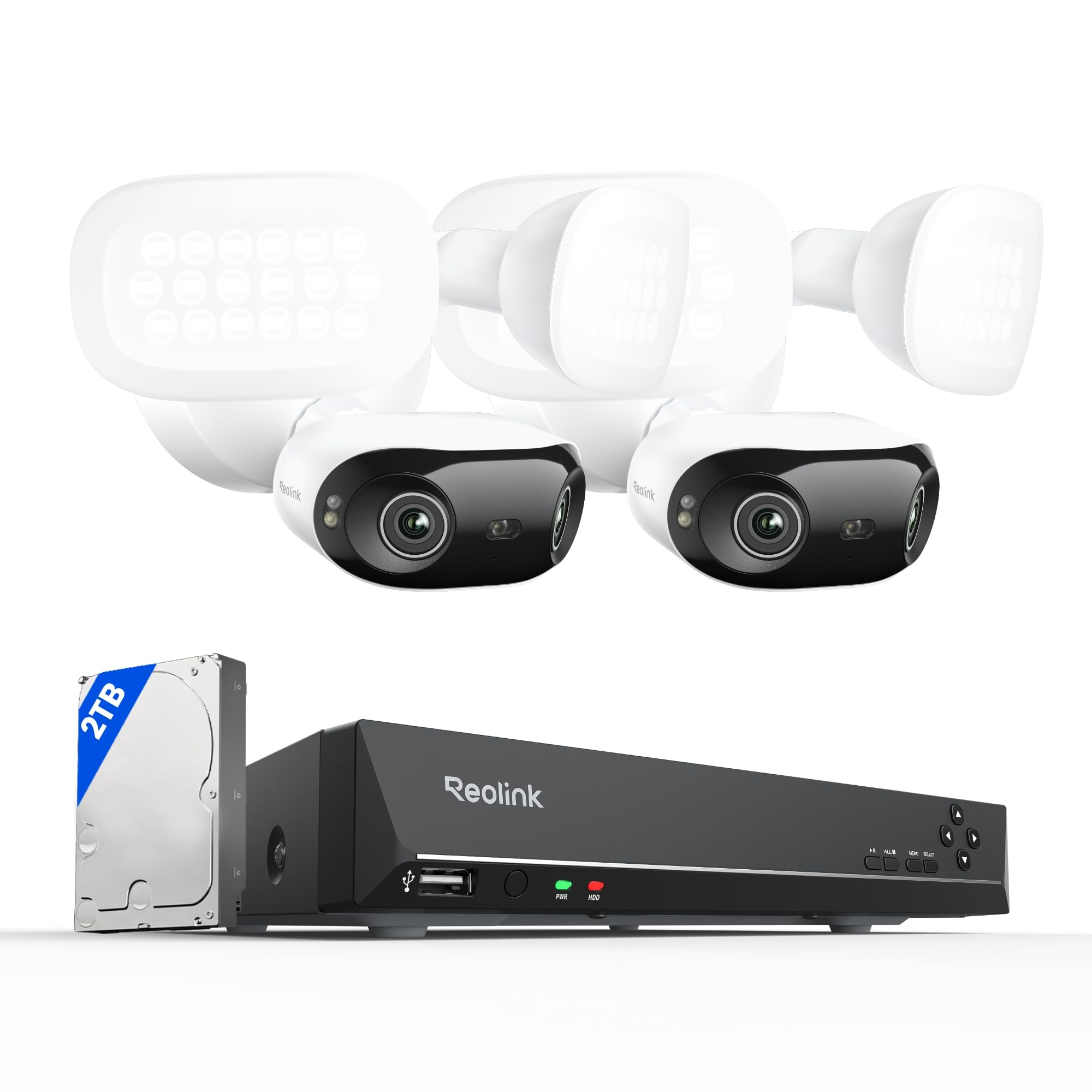 REOLINK16MP Dual Lens PoE Security Camera with 180° View Bundle with 8CH Network Video Recorder for Home Security Camera System, 2X Elite Pro Floodlight PoE with RLN8-410 (2TB HDD)