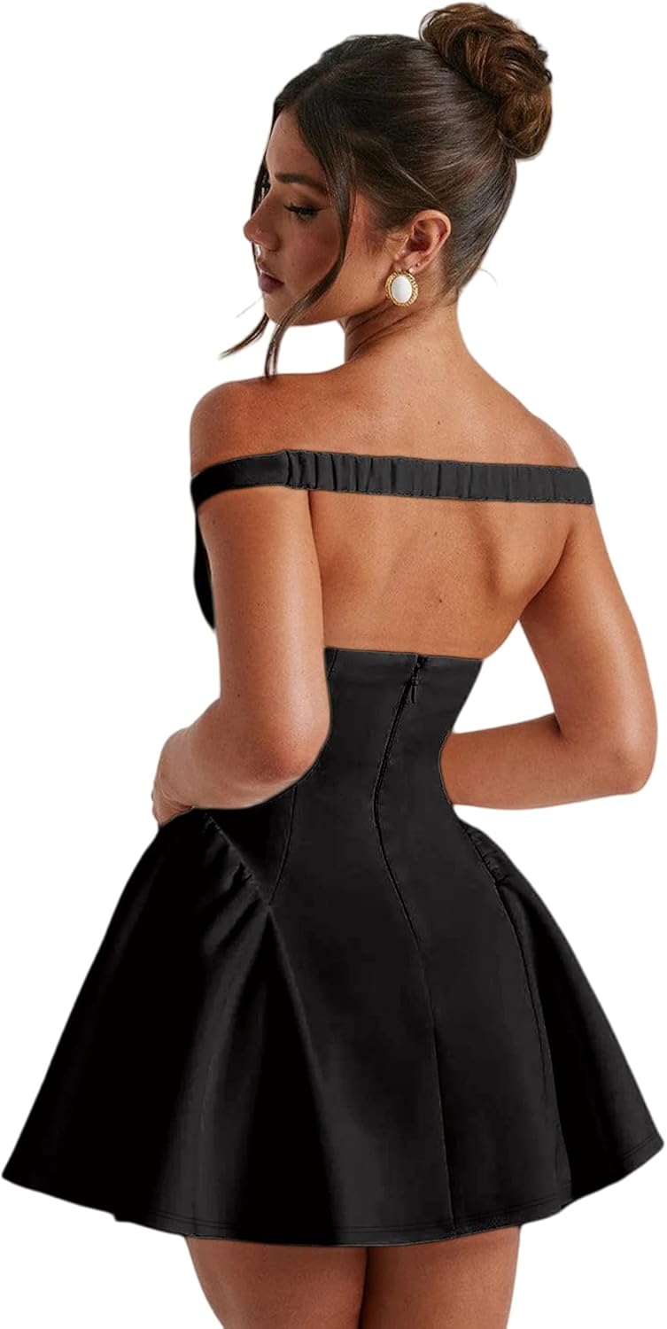 Suillty Women's Elegant V Neck Off Shoulder Homecoming Mini Dresses A-Line Backless Puffy Dress for Party Cocktail - Image 4