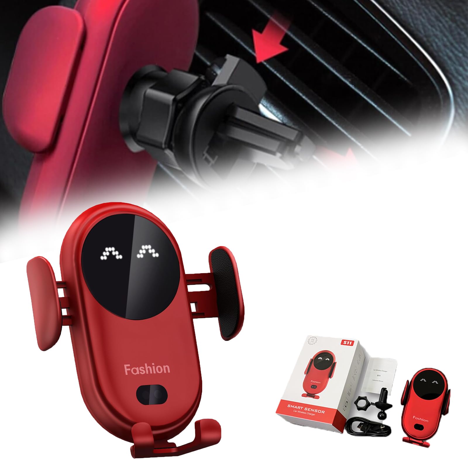 Gumaxx Phone Holder, 2024 Upgrade Gumaxx Smart Car Wireless Charger Phone Holder, Auto-Sensing 10W Fast Charger (Red)