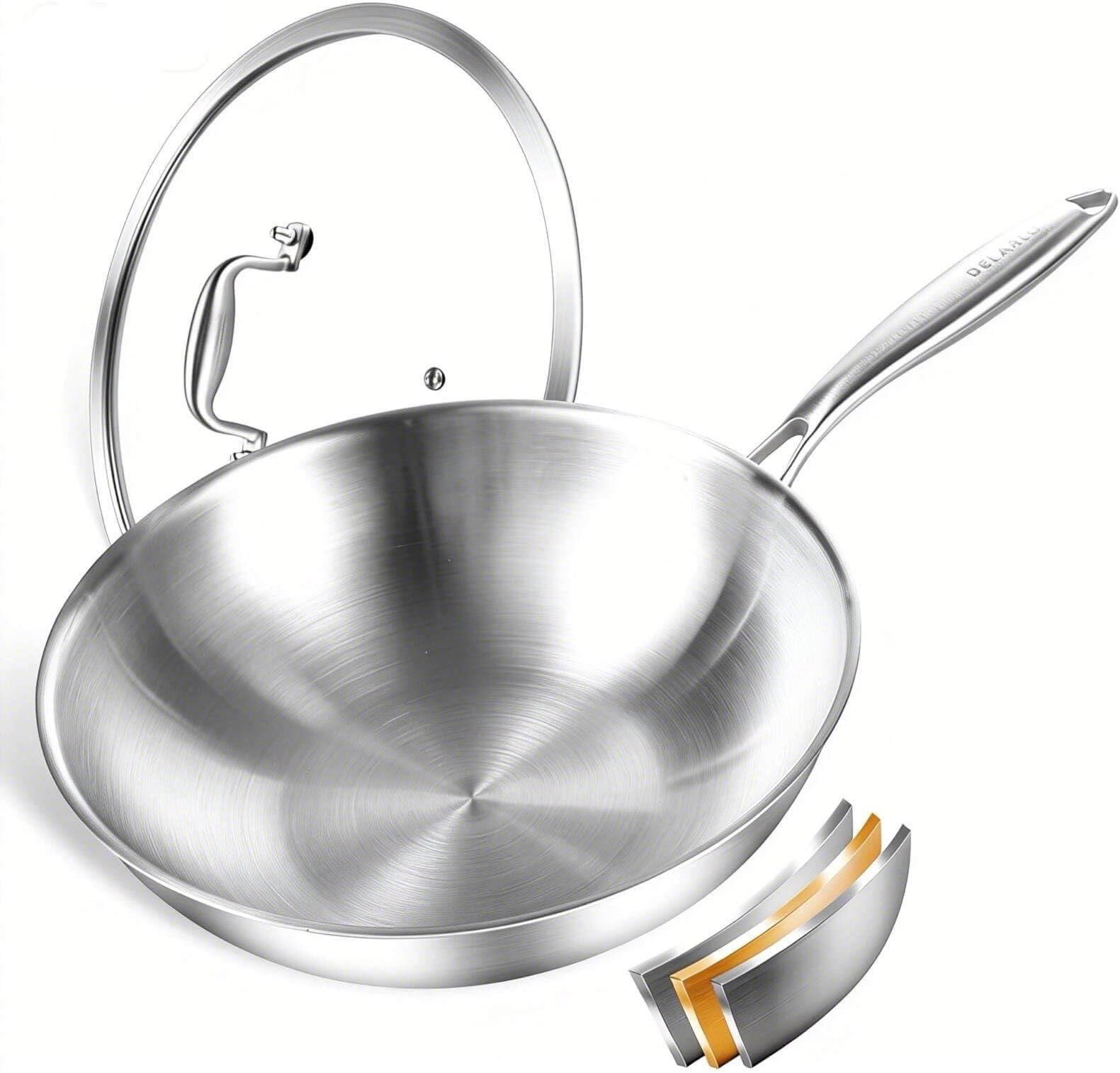 DELARLO Tri-Ply Stainless Steel Woks, 12 Inch Cooking Wok Pan with Lid, Wide & Deep Cookware Stir-Fry Pans, Dishwasher and Oven Safe Up to 600°F, Works on Induction