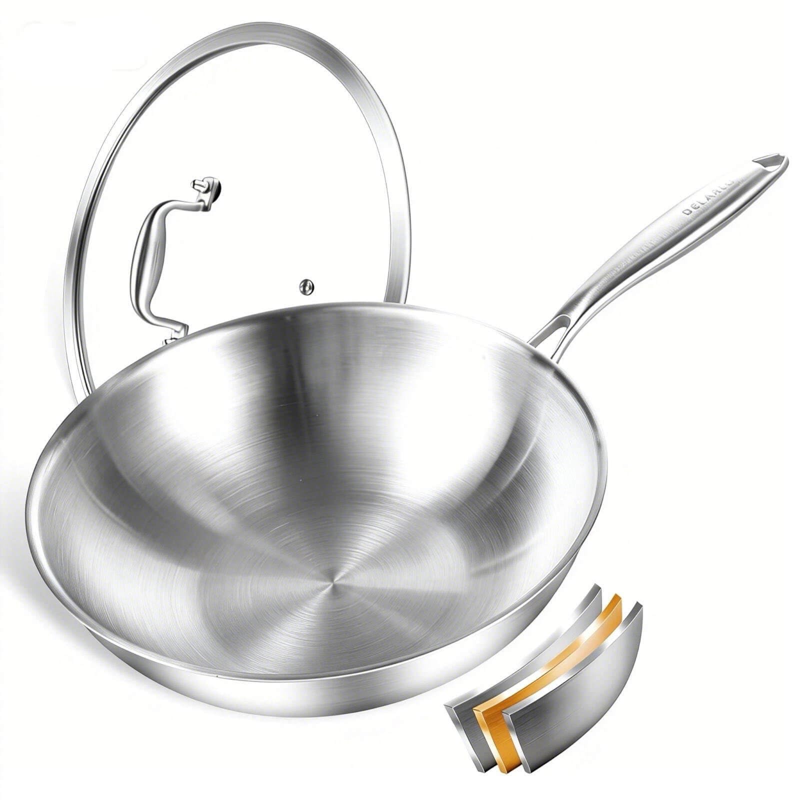 Tri-Ply Stainless Steel Woks, 12 Inch Cooking Wok Pan with Lid, Wide & Deep Cookware Stir-Fry Pans, Dishwasher and Oven Safe Up to 600°F, Works on Induction