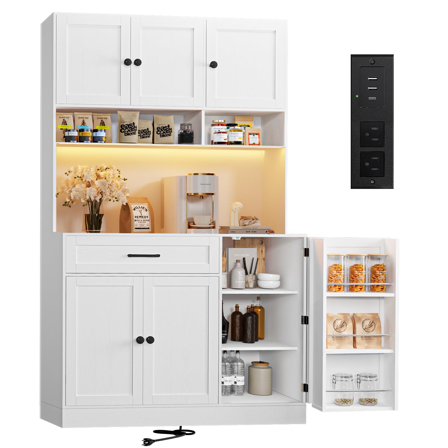 FJTJBSI 72 Kitchen Pantry Cabinet with LED Light and Charging Station